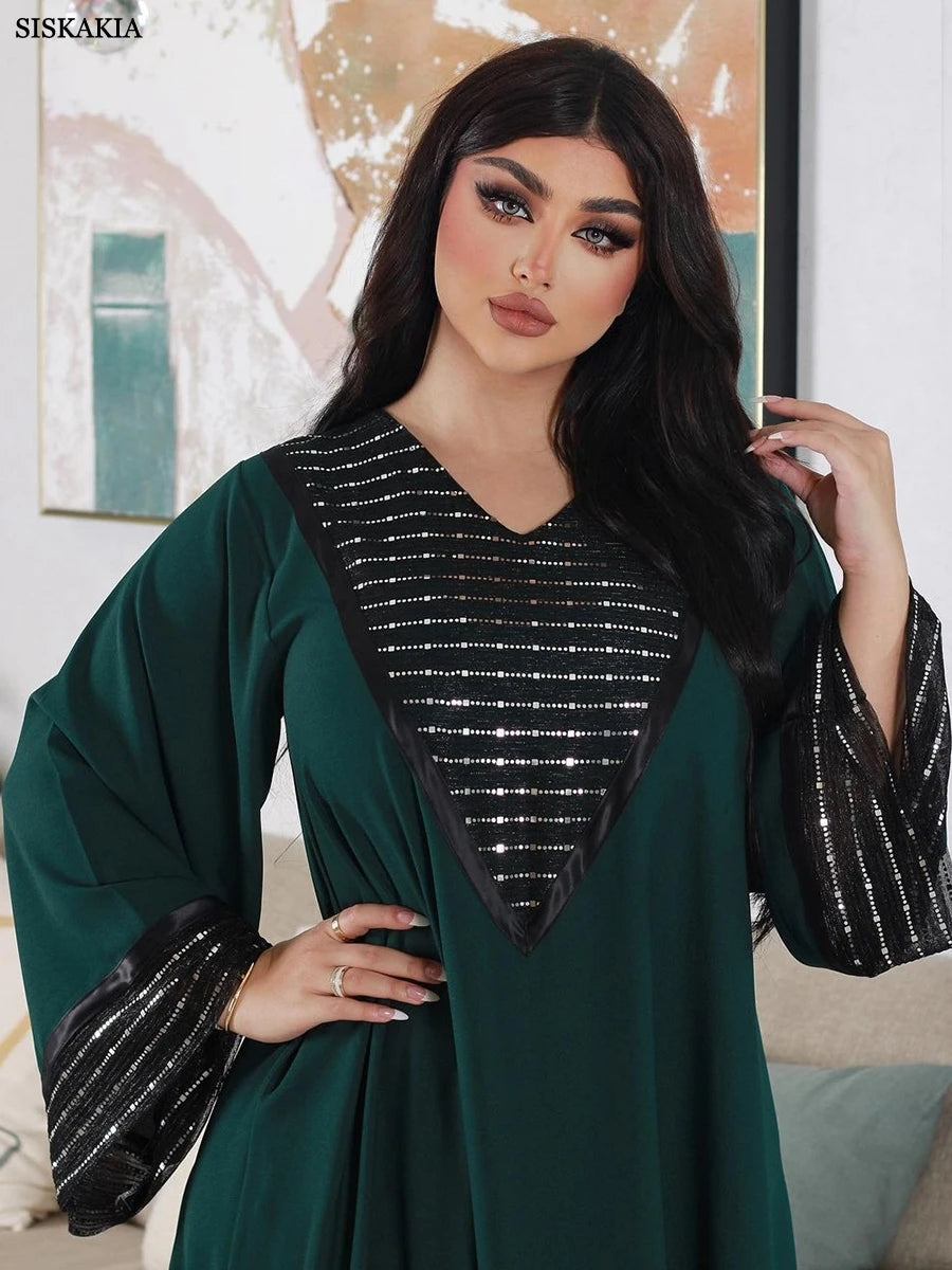 Fashion Sequins Black Mesh Patchwork Dubai Abaya Elegant Casual Full Sleeve V-Neck Long Dress Women Muslim