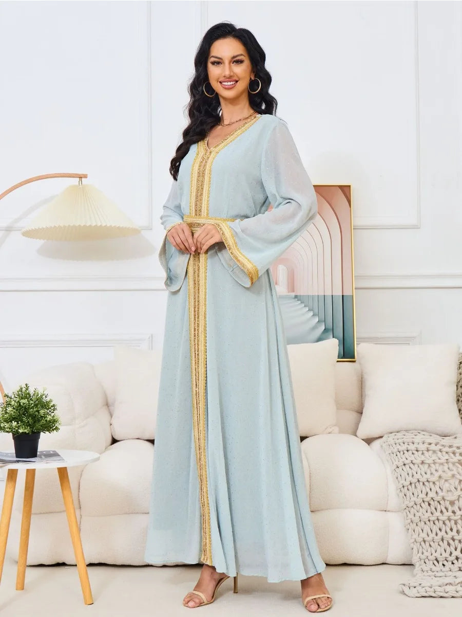 Fashion Dubai Solid Gold Stamping Diamonds Dress With Sashes Long Sleeve V-Neck Casual Abaya Moroccan African Clothing