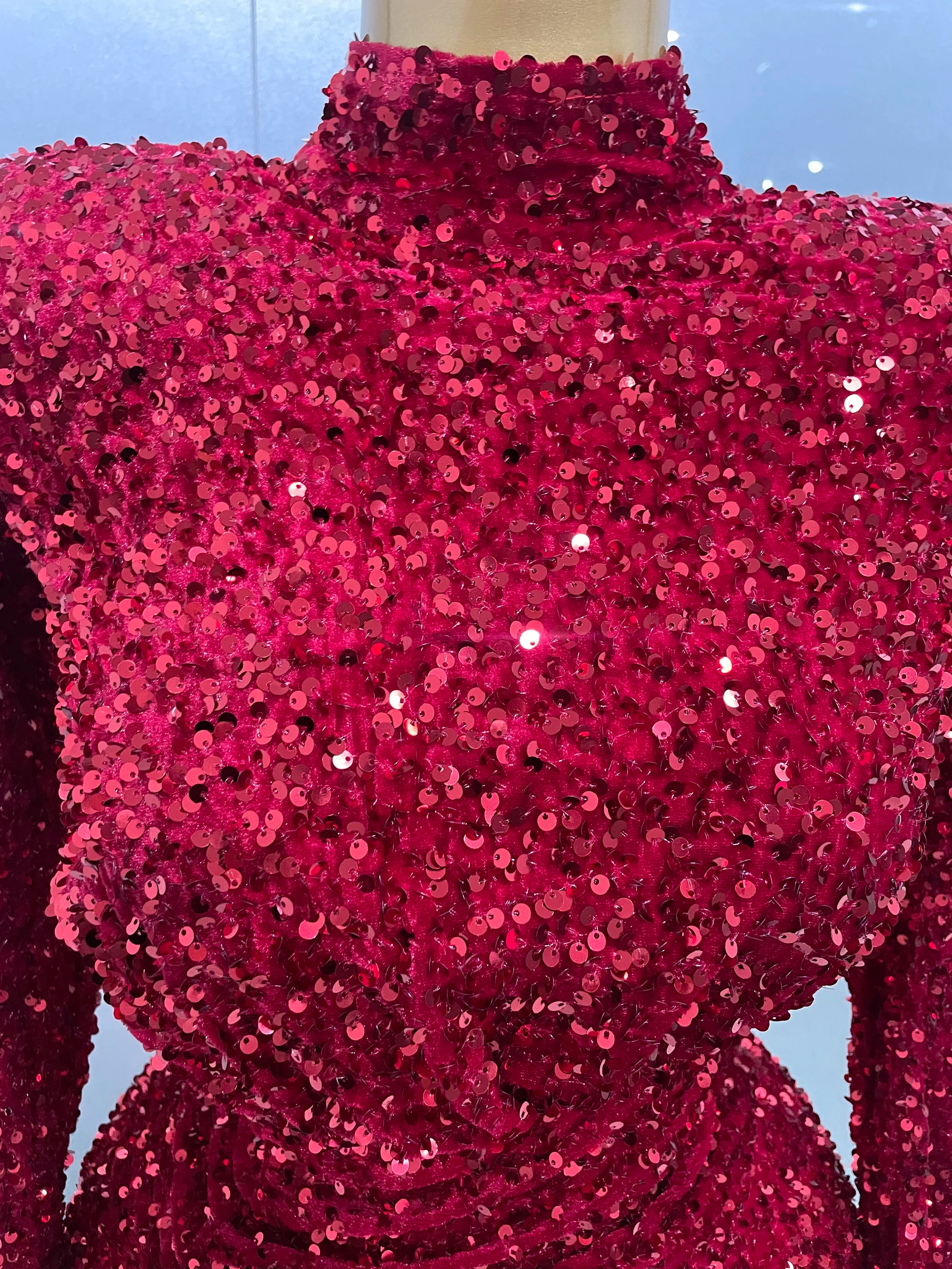 Sexy Sparkly Red Sequins Long Sleeve Short Dress 2025 New Women Evening Celebrate Birthday Party Club Performance Stage Costume