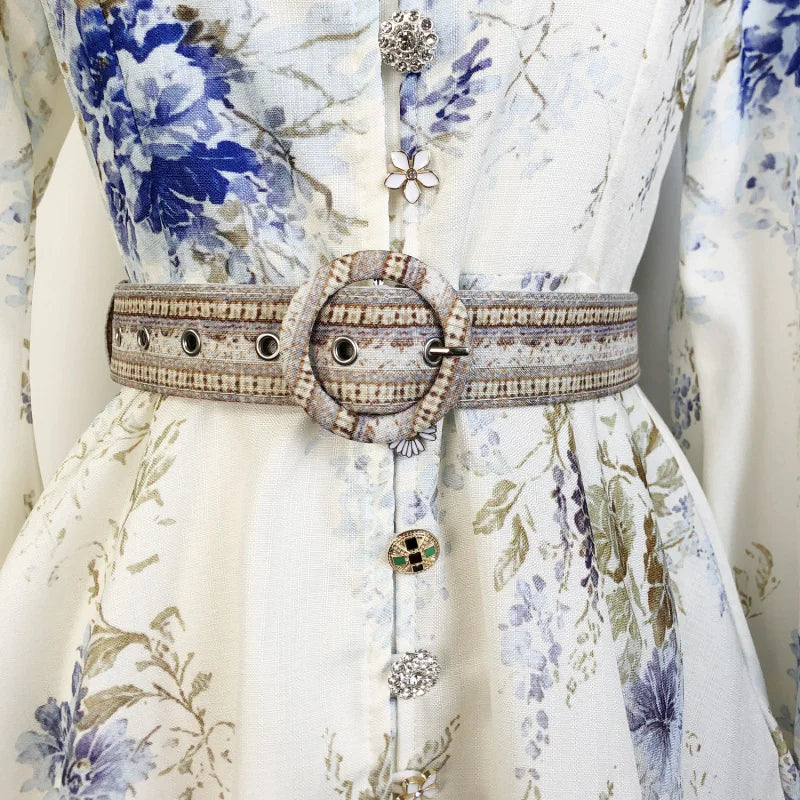 Shot In Stock 2025 Spring Summer New Printed Single-Breasted Exquisite Flower Button Short A-Line Dress + Belt