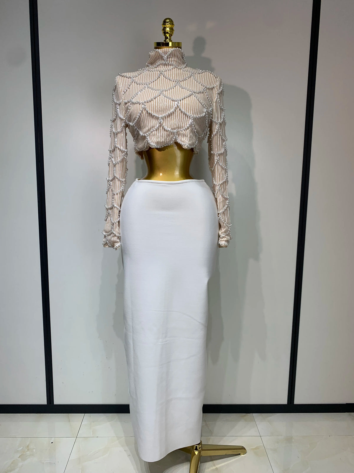 Women Long Sleeve Sexy Beading Tops Two Pieces Set Bodycon Long Bandage Dress Luxury Birthday Evening Party Wedding Guest Gowns