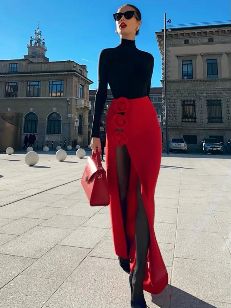 Summer Women Black Red Flower Bodycon Bandage Skirt Designer High Waist Party Office Lady Elegant Split Skirt