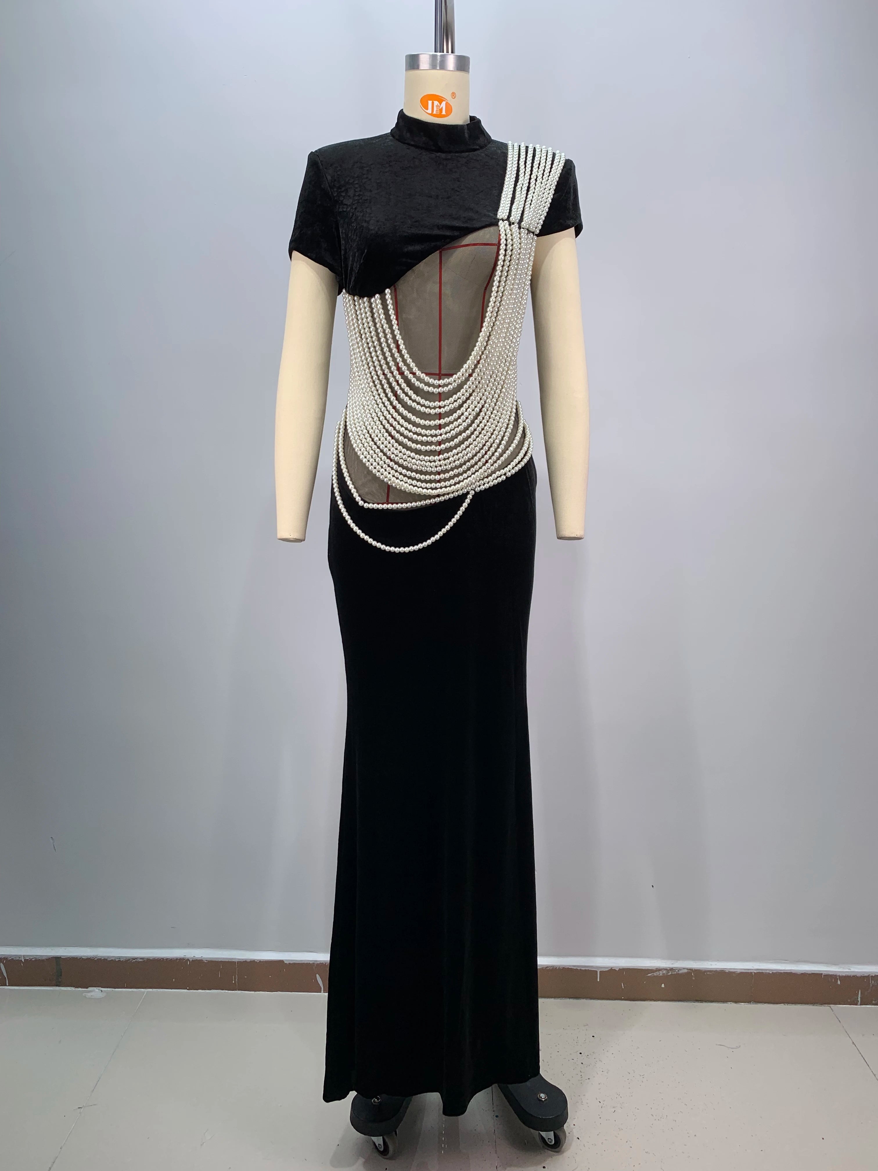 2024 New Celebrity Red Carpet Dress Women Sexy Short Sleeve Pearl Beading Bodycon Long Dress Evening Party Prom Outfit Vestido