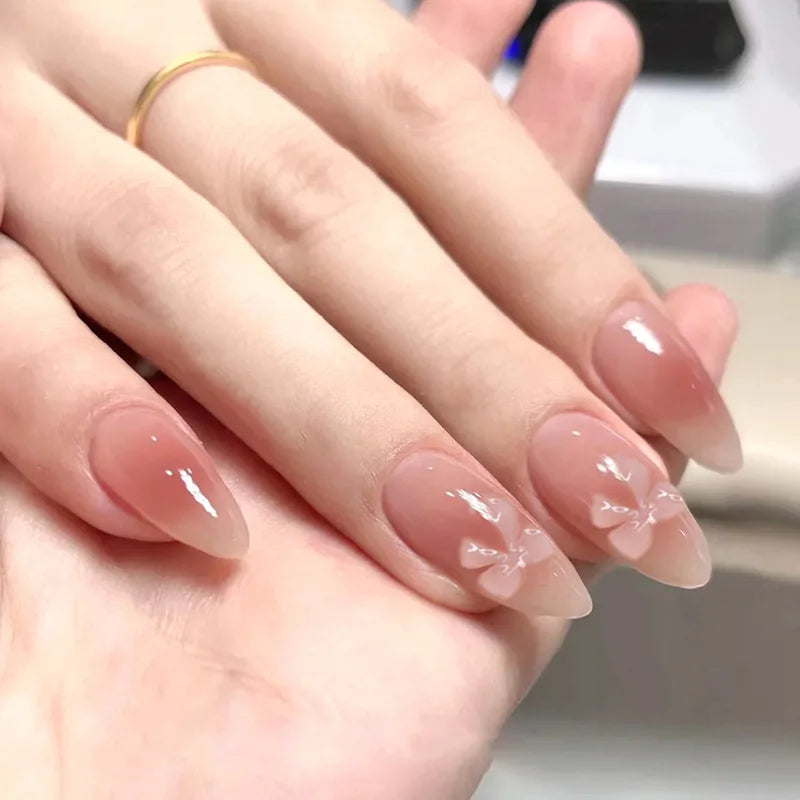 24Pcs Almond Press on Nail Mid-length French Heart False Nails Pink Pearl Bow Wearable Design Oval Manicure Full Cover Nail Tips