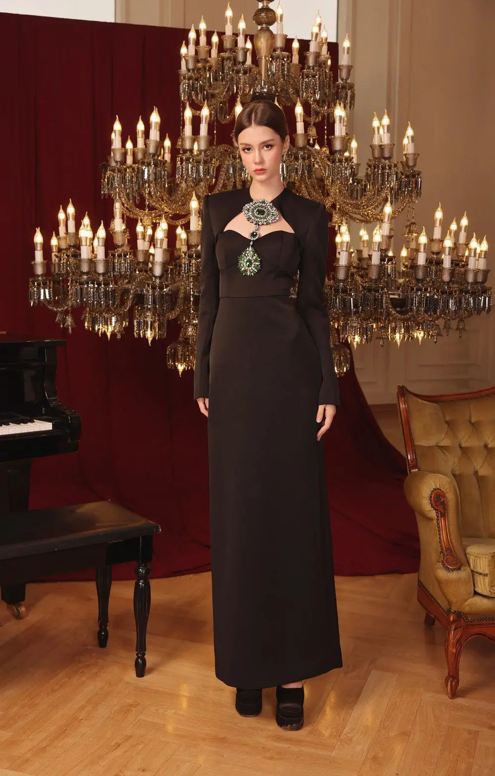 Top Quality Women Long Sleeve Shinning Crystal Keyholes Bodycon Bandage Long Dress Elegant Evening Party Celebrate Outfit