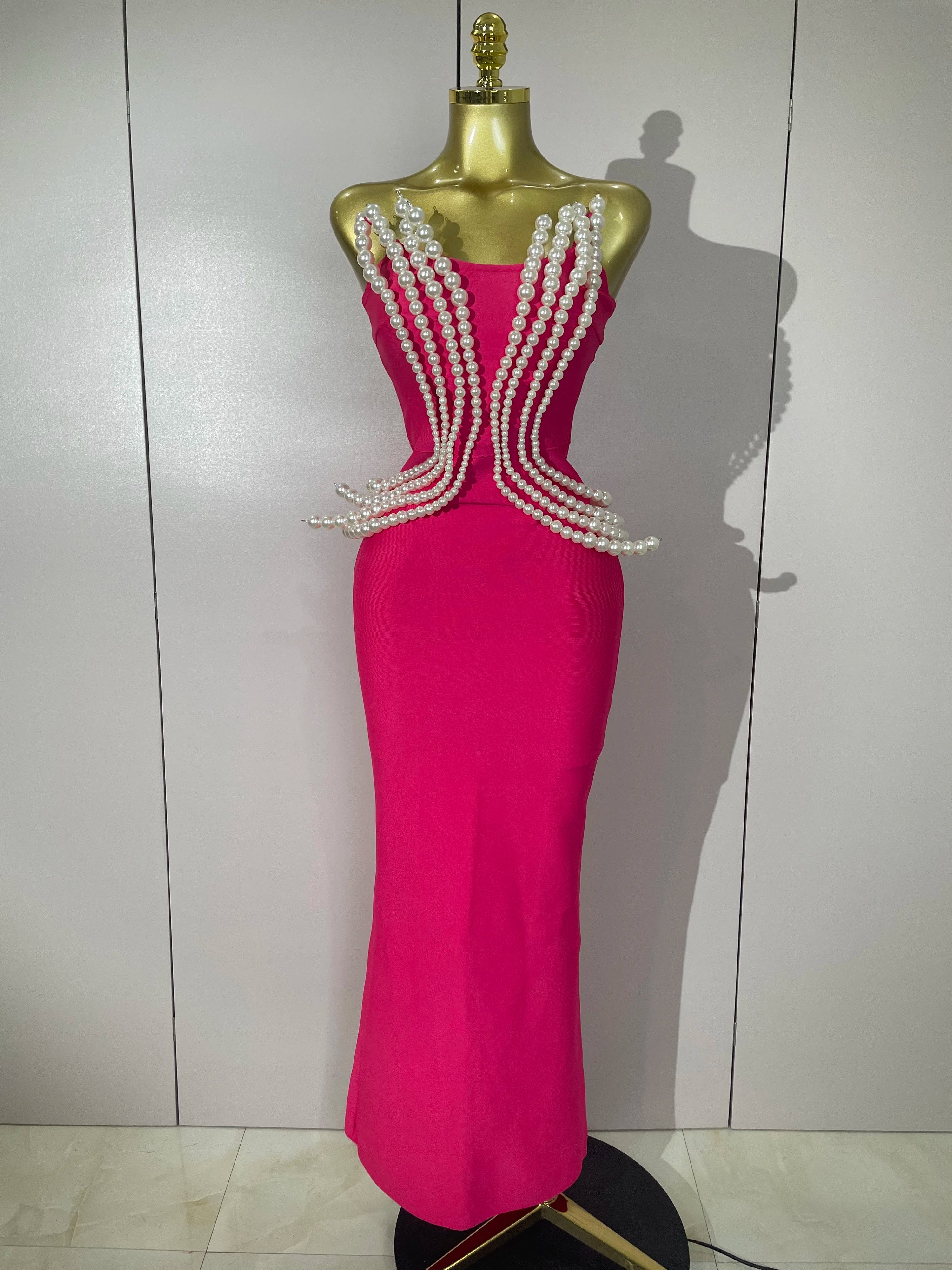 2025 New Sexy Strapless Pearl Beading Bodycon Long Bandage Dress  Women Fashion Elegant Evening Party Luxury Birthday Dresses