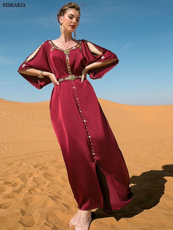 Evening Party Dresses Handsewn Diamonds Off The Shoulders Belted Abayas Moroccan Saudi Women Kaftan Islamic Clothing