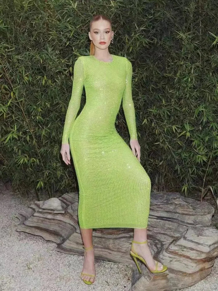 2023 New Arrival Long Sleeve Diamond Mesh See Through Sexy Bodycon Long Dress Celebrity Nightclub Party Dress Vestido