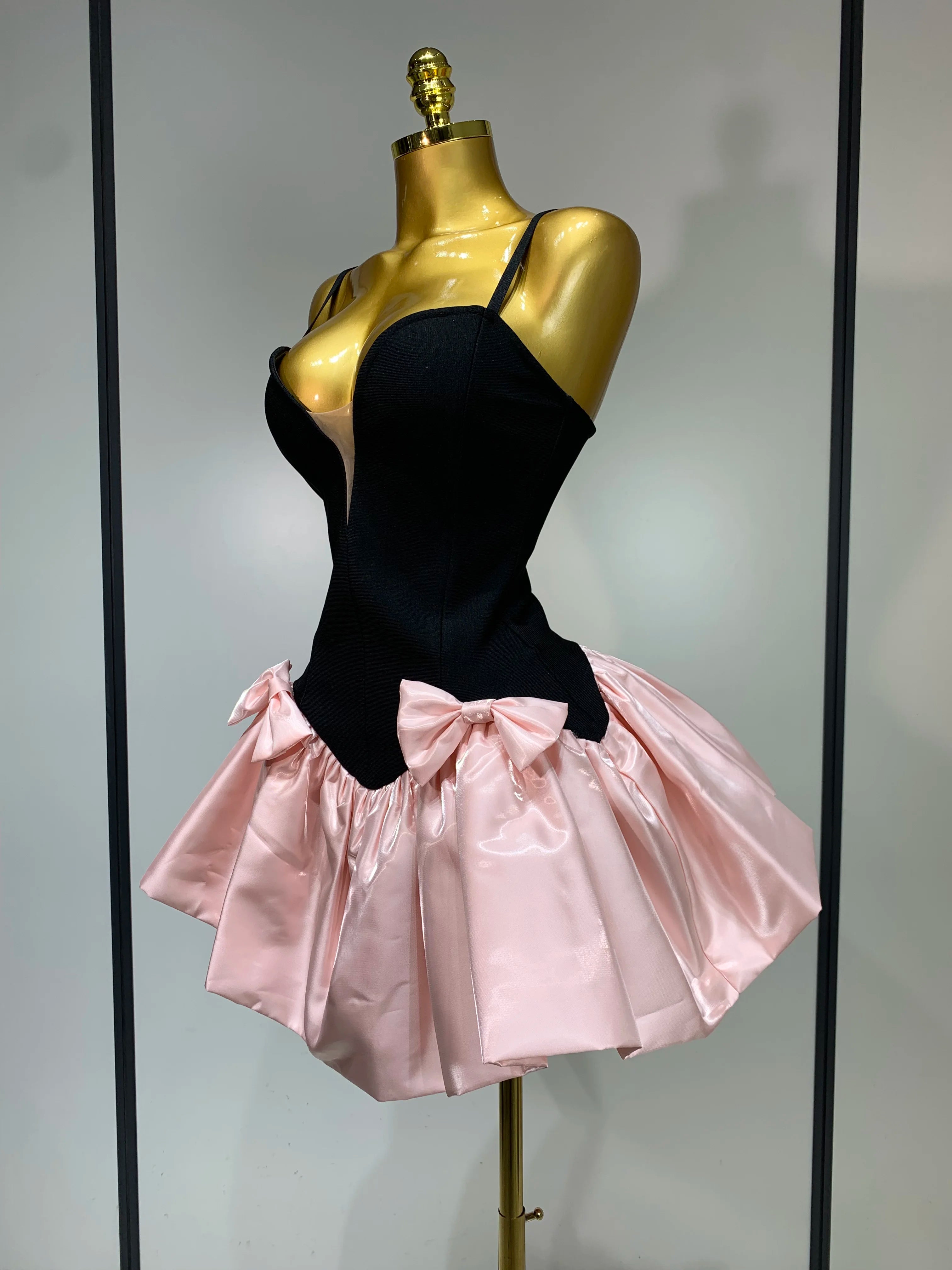 Women Sweety Short Bandage Dresses Evening Party Bow Decoration Bubble A-line Mini Girls Dress Elegant Luxury Birthday Dress