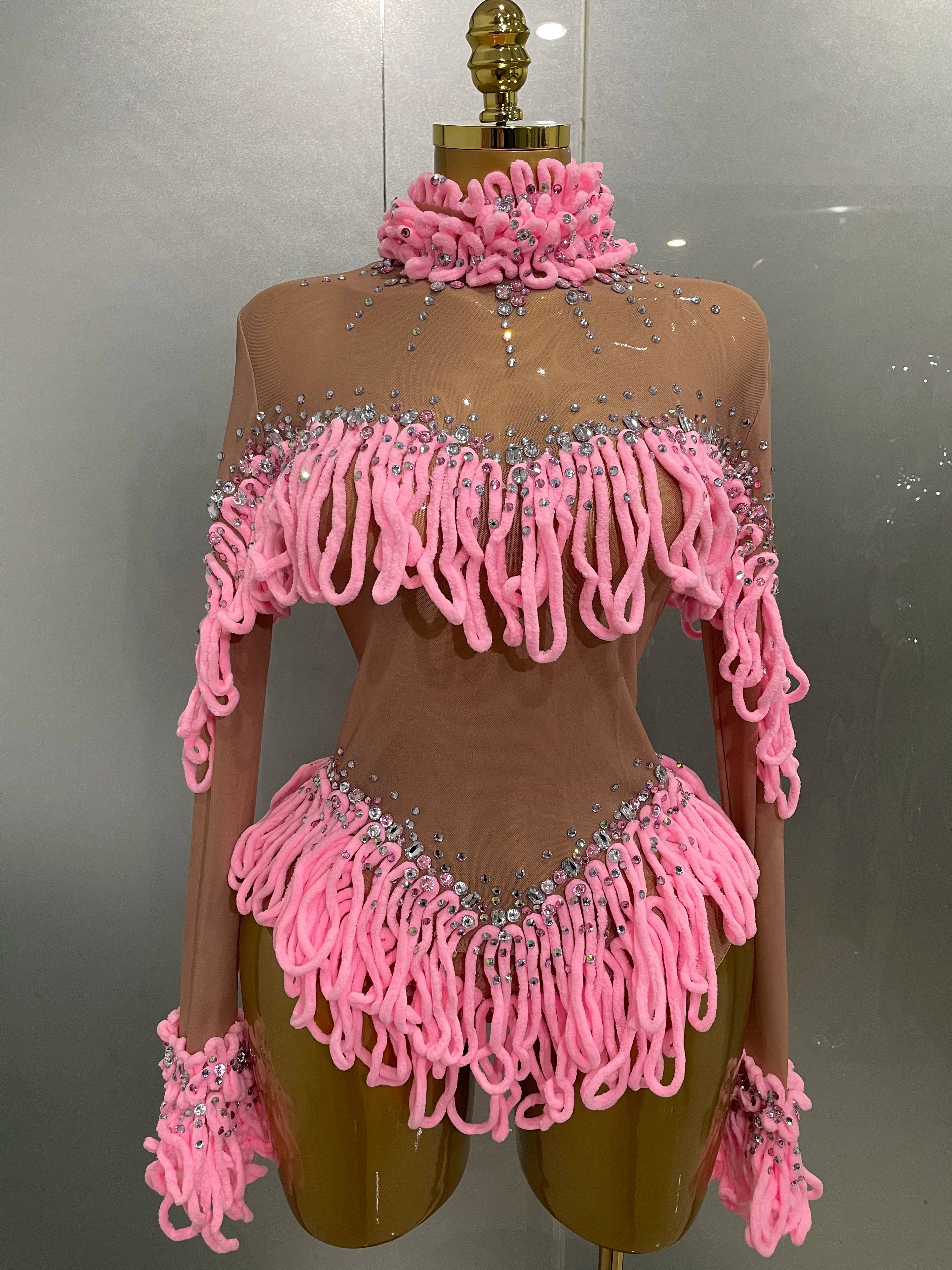 2025 New Women Shining Rhinestones Sexy Mesh Tassels Bodysuit Birthday Party Club Performance Dance DJ Leotard Show Stage Wear