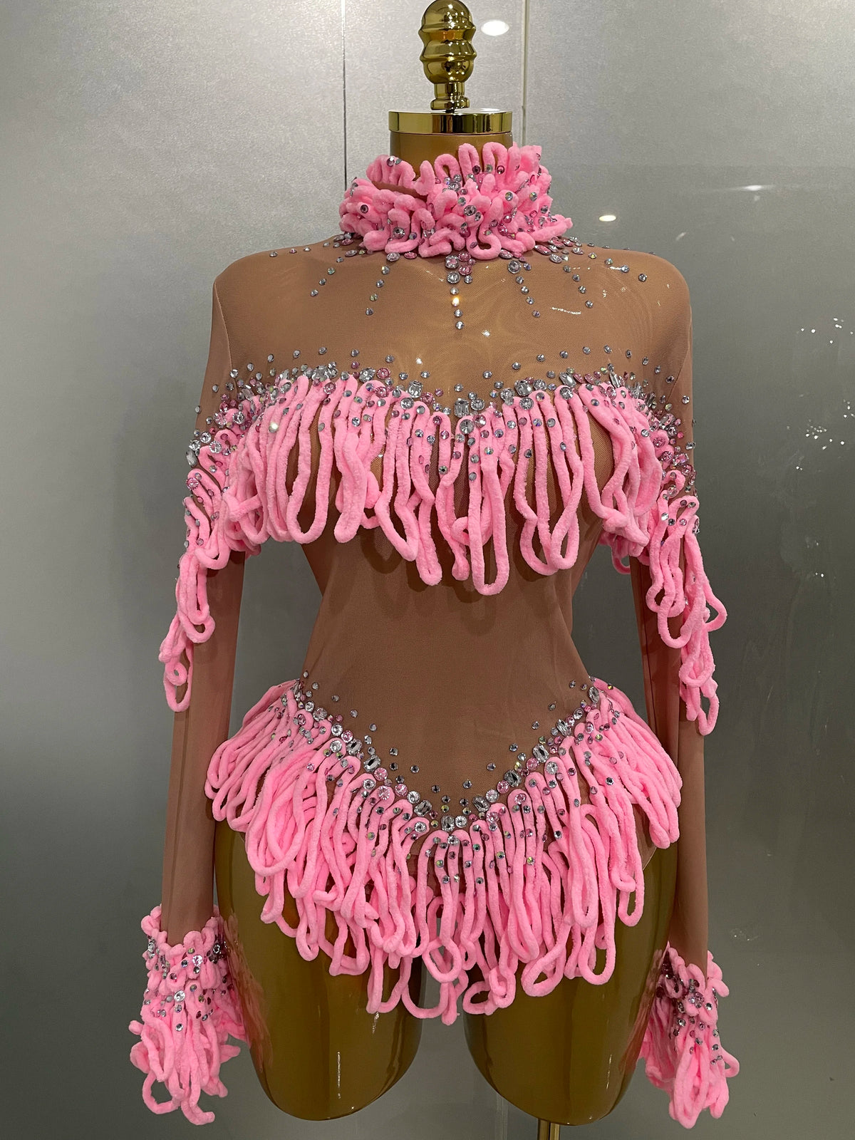 2025 New Women Shining Rhinestones Sexy Mesh Tassels Bodysuit Birthday Party Club Performance Dance DJ Leotard Show Stage Wear