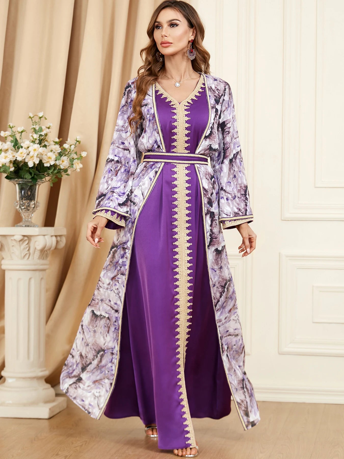 Muslim Abaya Satin 2 Piece Set Chic Printing Full Sleeve V-Neck Belted Robe Moroccan Caftan Ramadan Islamic Clothing