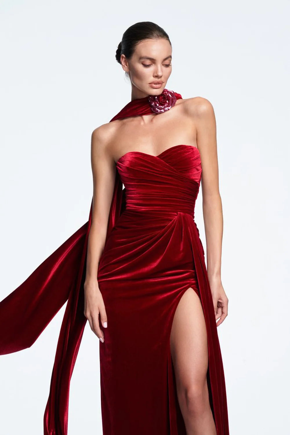 Red Color Women Sexy Strapless High Split Velvet Bodycon Long Dress Celebrate Fashion Mermaid Cocktail Party Outfit