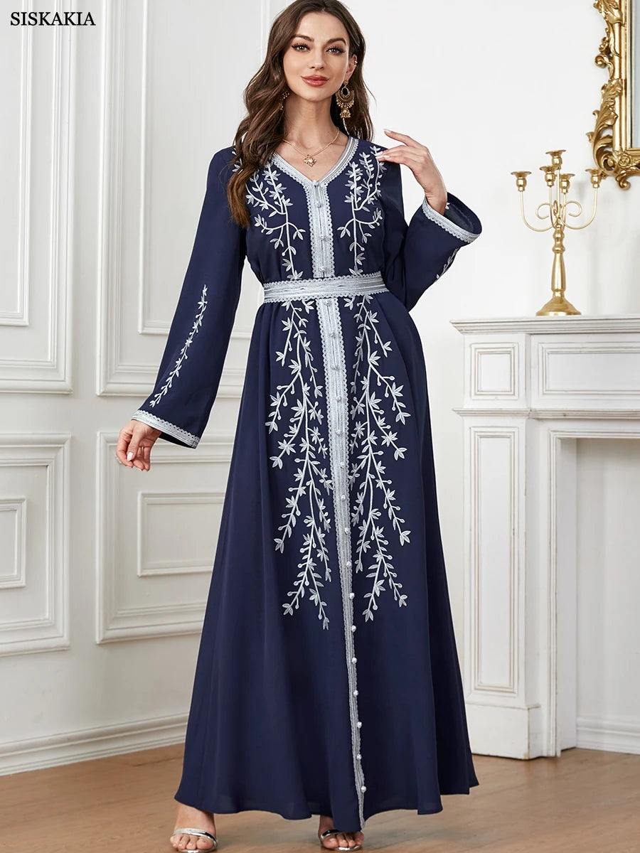 Abaya Islamic Fashion Solid Emberoidery Maxi Dresses Long Sleeve V-Neck Belted Clothing Moroccan Kaftan For Women