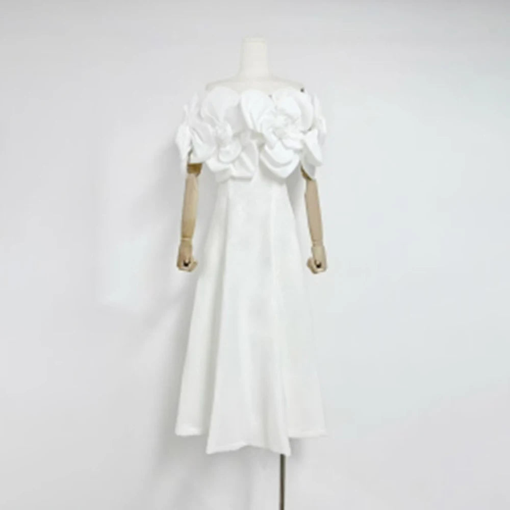 TWOTWINSTYLE Solid Slimming Elegant Dresses for Women Strapless Off Shoulder Patchwork 3D Flowers Fashion Dress Female Clothing