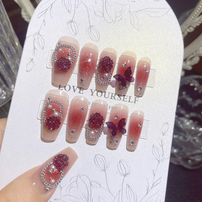 24Pcs Mid-Length Fake Nails 3D Flower Pearl Designs Nude Pink Color Press on Nails Ballerina False Nails for Women DIY Manicure