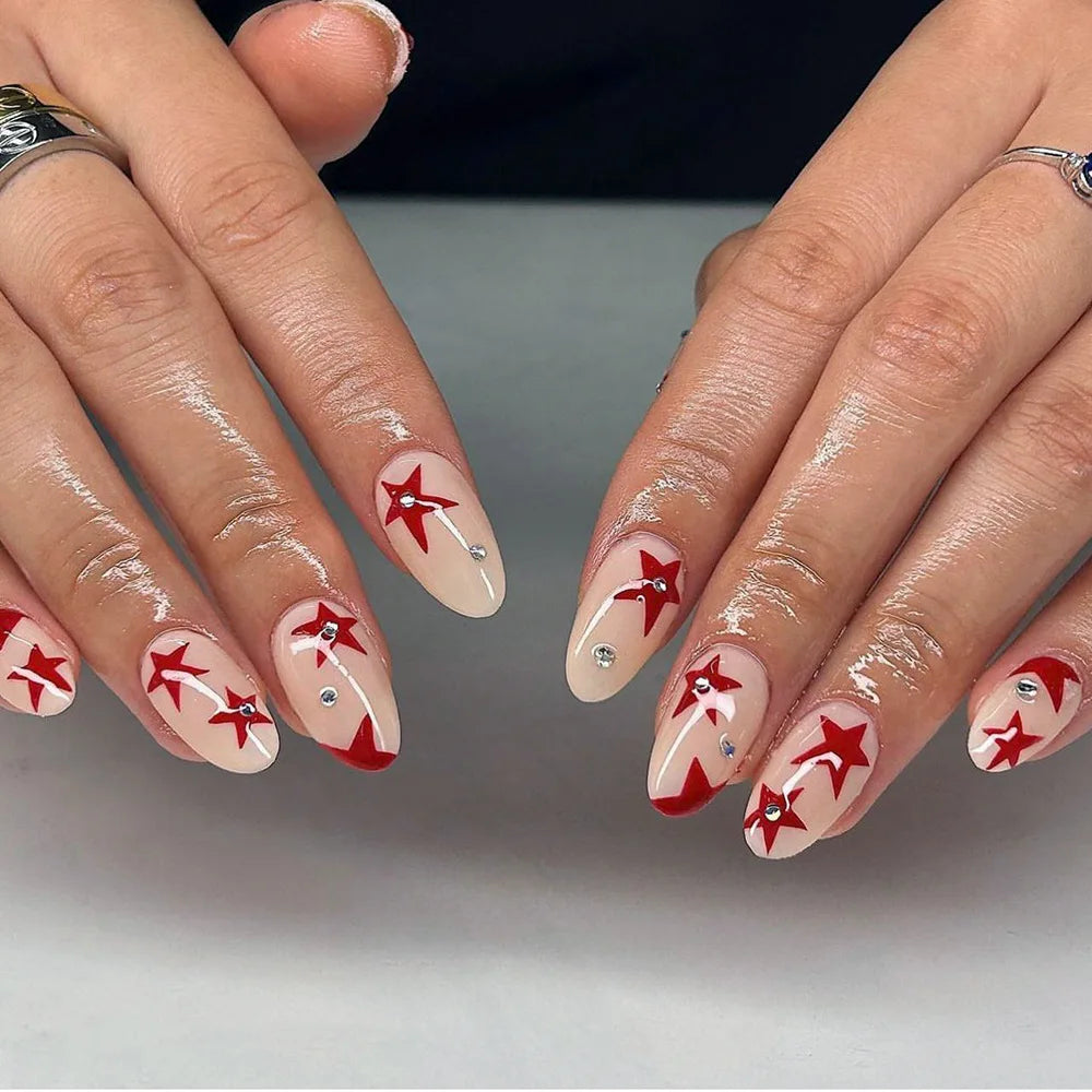 24Pcs Almond Press on Nails Y2K Star Diamond Designs for Cool Girls Nude Color Fake Nails for Women Full Cover False Nail Tips