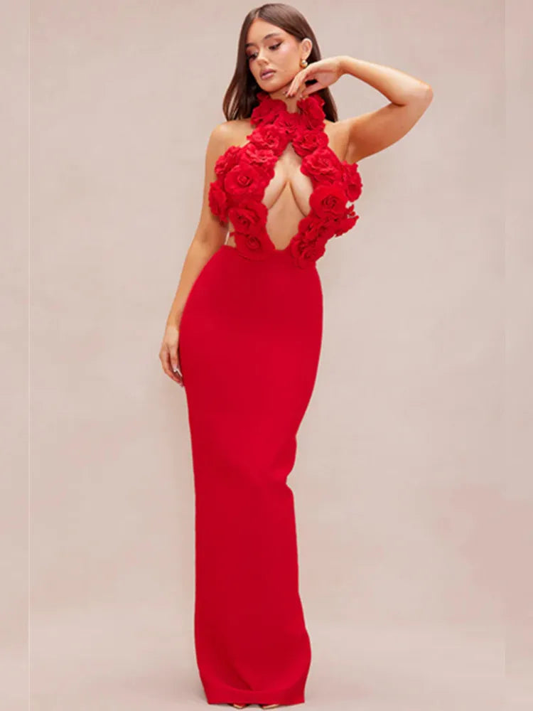 Women Celebrity Sexy Halter Key Hole Backless Red Flower Maxi Long Bandage Bodycon Dress 2025 Elegant Evening Club Party Outfit