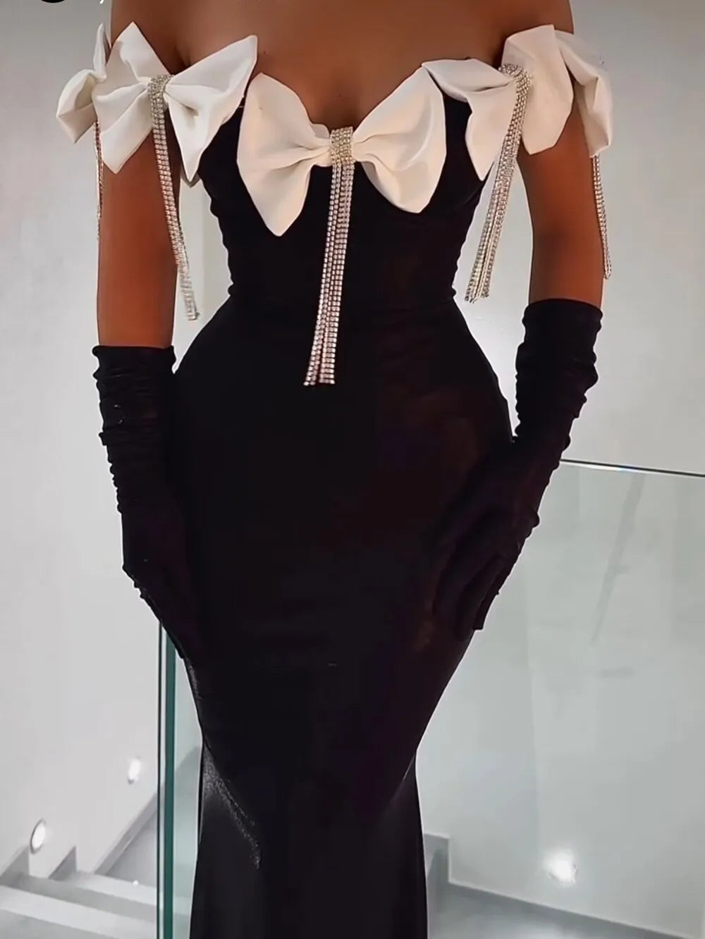 Women Celebrity Sexy Off Shoulder Flower Diamonds Black Bow Tie Maxi Long XL Bandage Dress Elegant Evening Club Party Dress