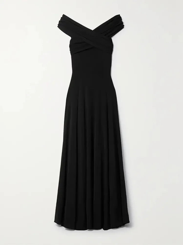 TWOTWINSTYLE Solid Minimalist A Line Dresses For Women Slash Neck High Waist Patchwork Folds Slimming Dress Female Fashion New