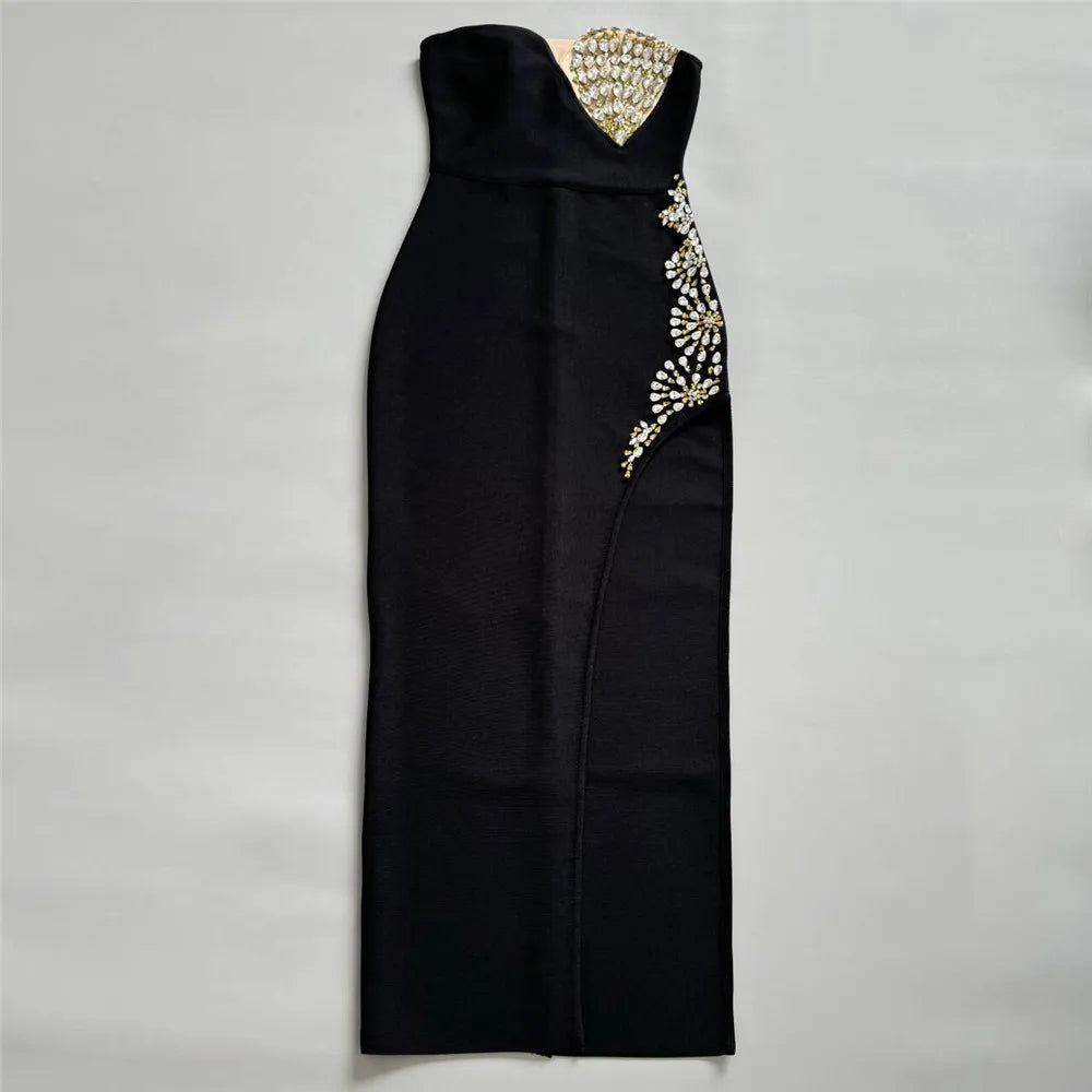 High Quality Women Sexy Strapless Shinning Crystal Bodycon Bandage Long Dress Celebrate Evening Party Red Carpet Outfit Vestido