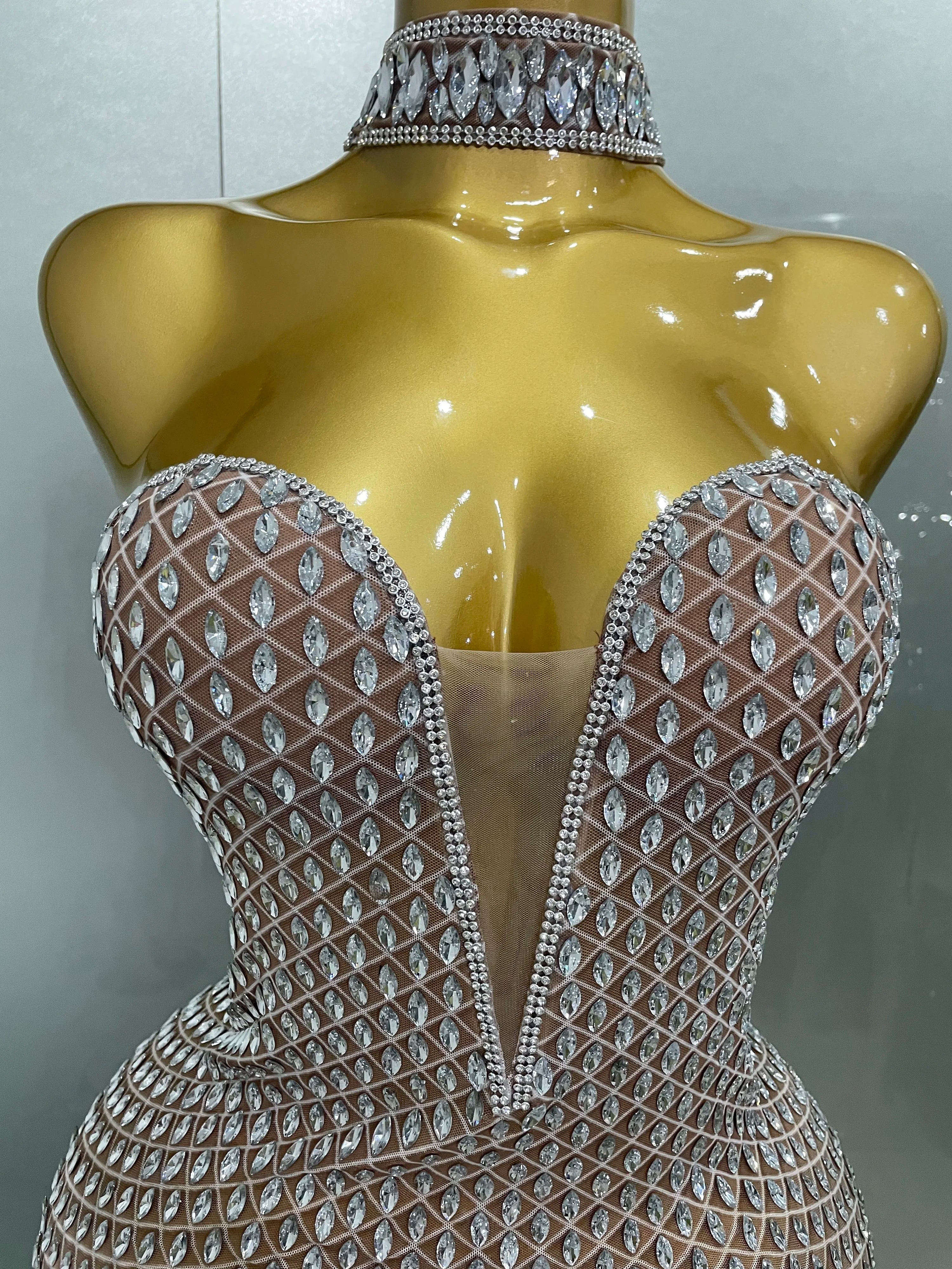 2025 Luxurious Full Rhinestones Mesh Transparent long dress Women Birthday Celebrate Evening Prom Dress party Club Stage Costume