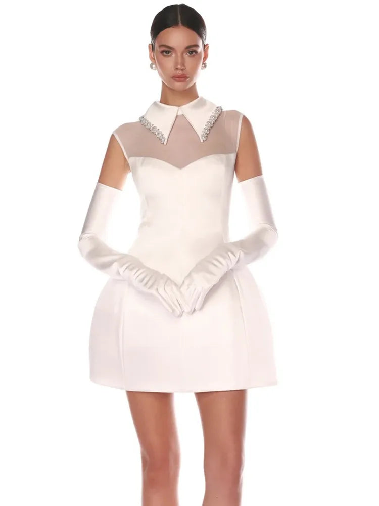 Luxury Women Celebrity Sexy Tank White Pearl Diamonds A Line White Mini Bodycon Dress Elegant Evening Club Party Dress