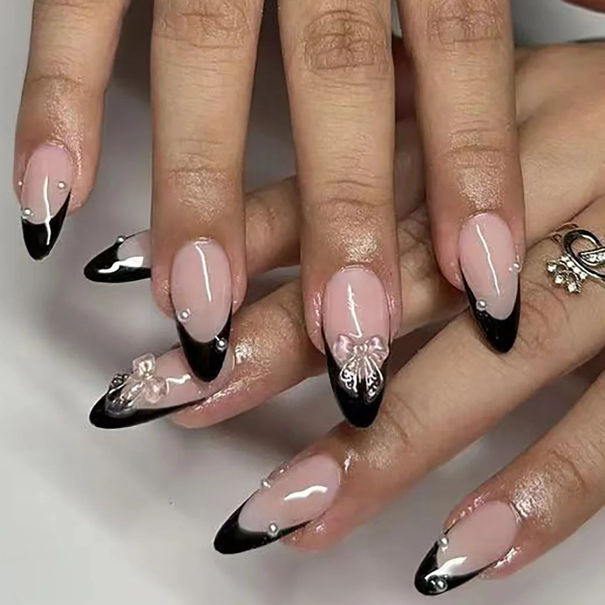 Black French Tips Press on Nails 3D White Bowknot Alloy Stars Designs Fake Nails Ballet Charms False Nails Korean Manicure 24Pcs