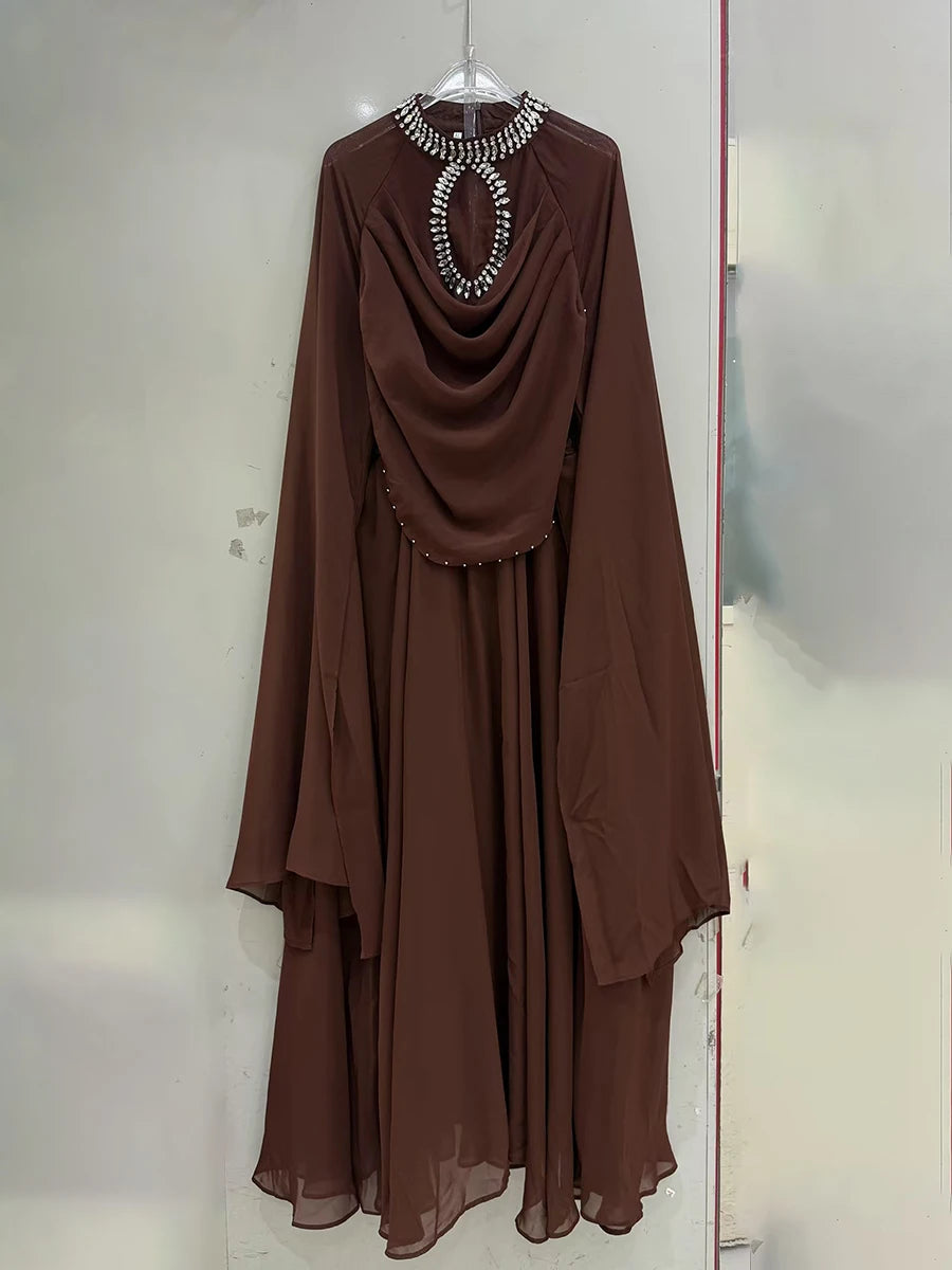 TWOTWINSTYLE Solid Loose Sheer Spliced Bead Elegant Dresses for Women High Neck Long Sleeves Patchwork Folds Dress Female New