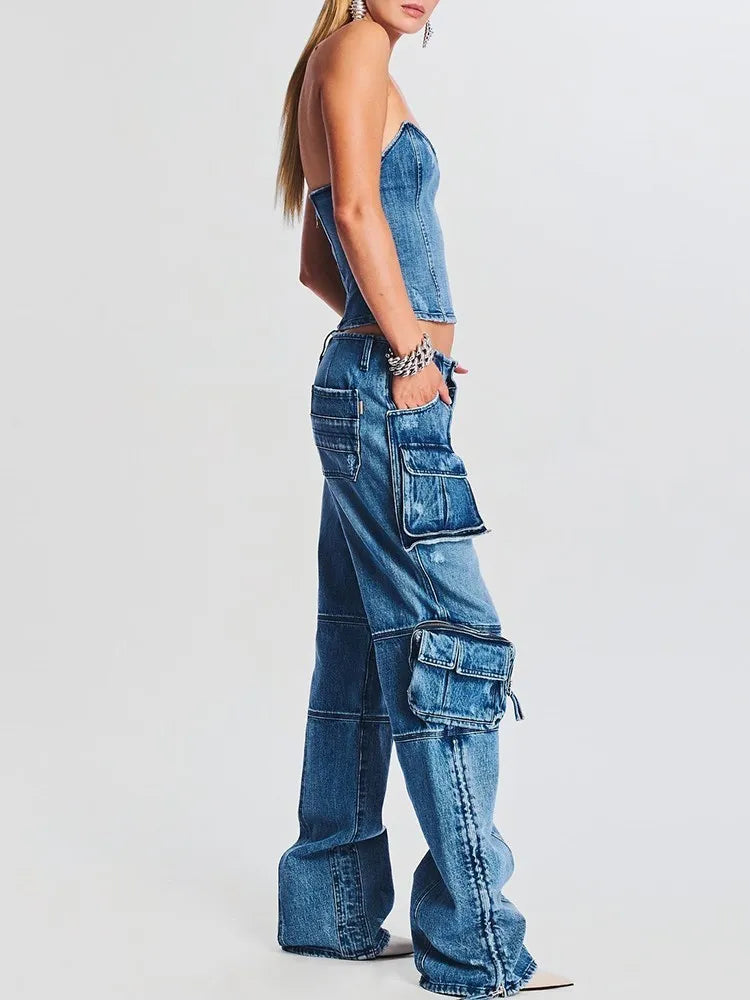 TWOTWINSTYLE Denim Vintage Two Piece Sets For Women Strapless Sleeveless Tops High Waist Spliced Pockets Pant Casual Set Female