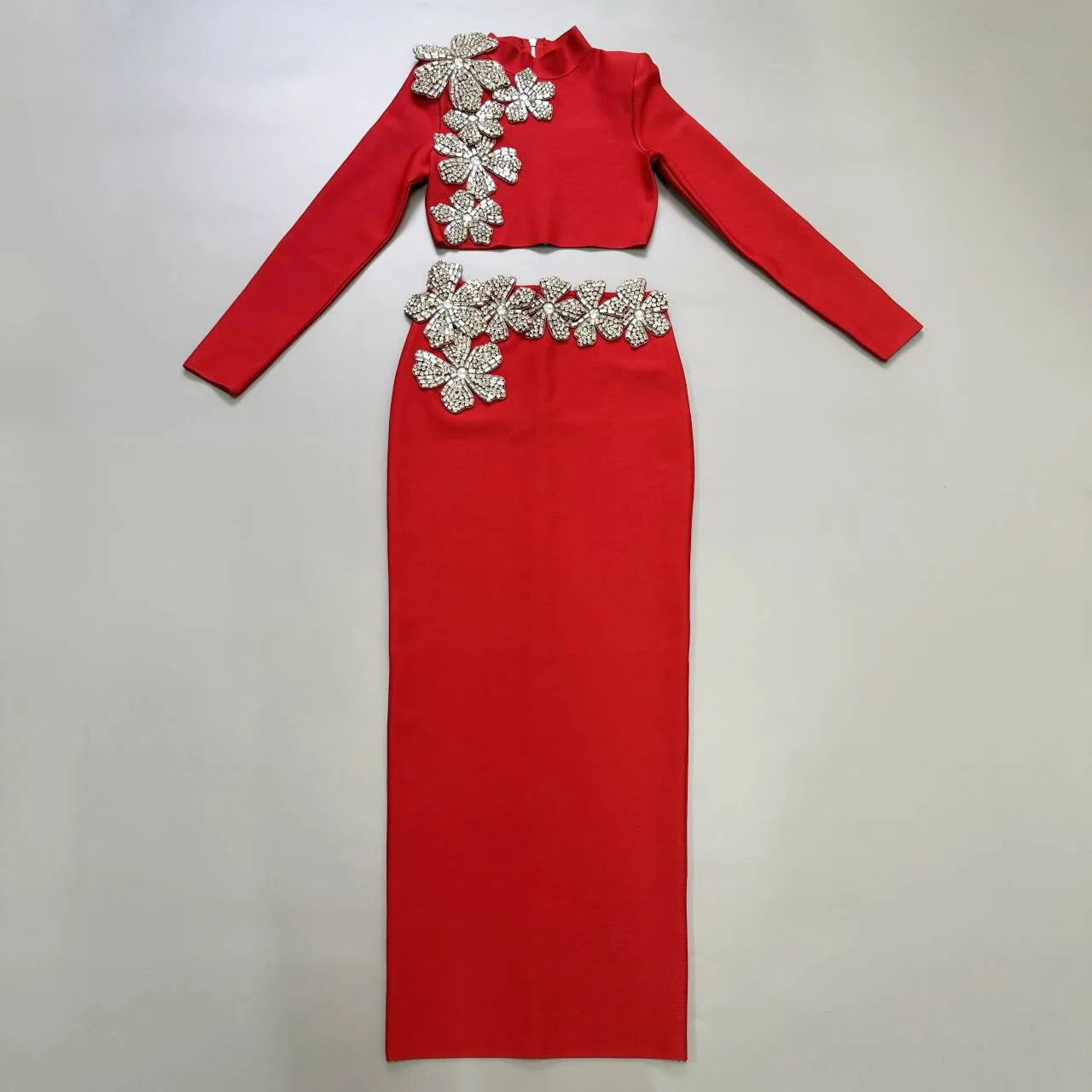 Black Color Women Long Sleeve Sexy Diamond Flowers 2 Pieces Bodycon Long Bandage Dress Celebrate Nightclub Party Outfit Vestido