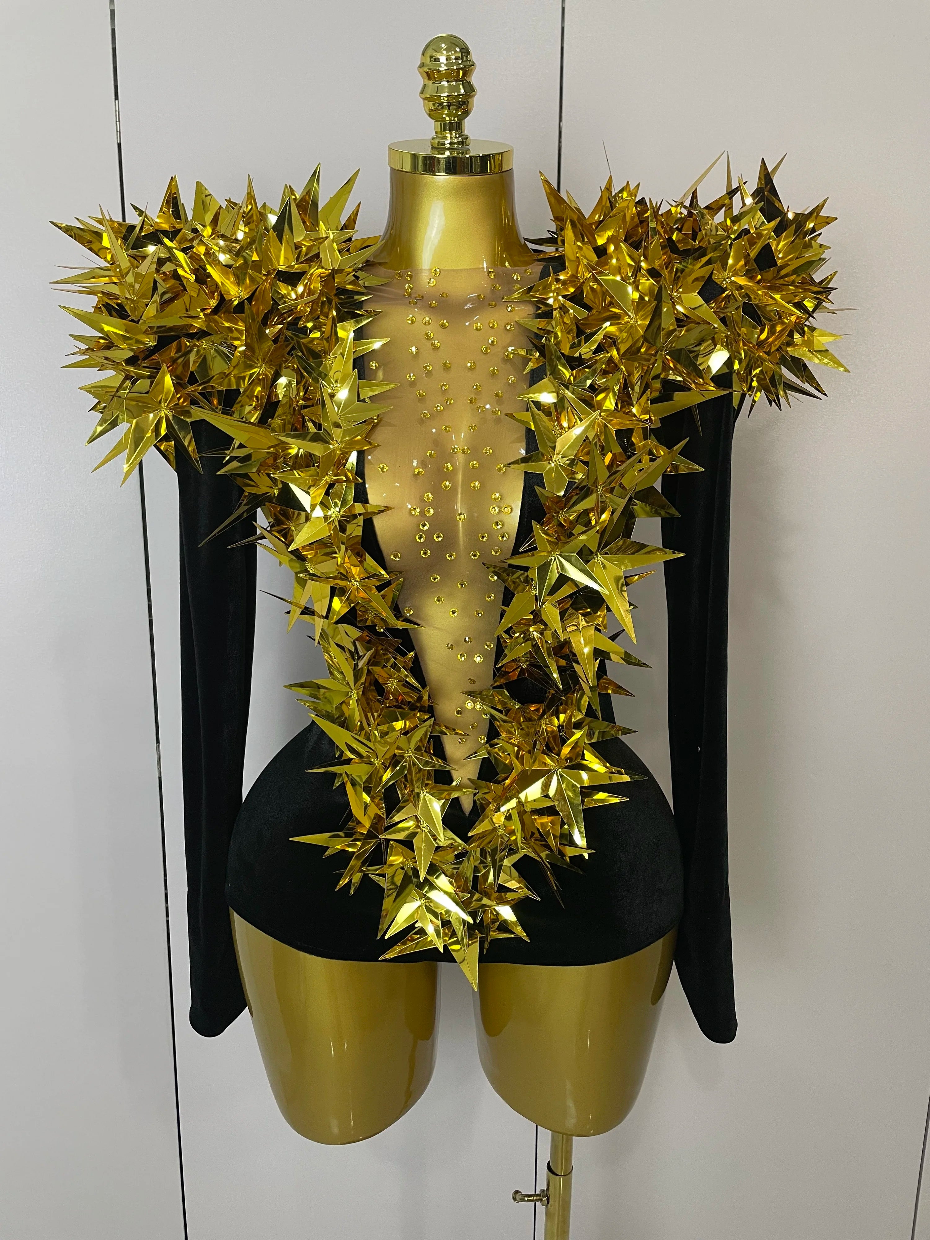2025 New Shiny Black Rhinestone Velvet Long Sleeve Bodysuit Women Evening Party Club Gala Hosts NightClub Bar Stage Costumes