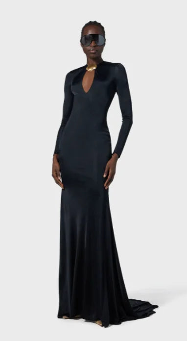 2025 New Arrival Women Long Sleeve Sexy Keyholes Bodycon Floor-length Dress Elegant Evening Party Prom Runway Fashion Dress