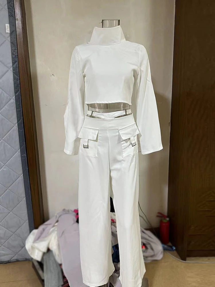 TWOTWINSTYLE Streetwear Two Piece Set For Women Stand Collar Long Sleeve Top High Waist Pant Wide Leg Pant Chic Sets Female New