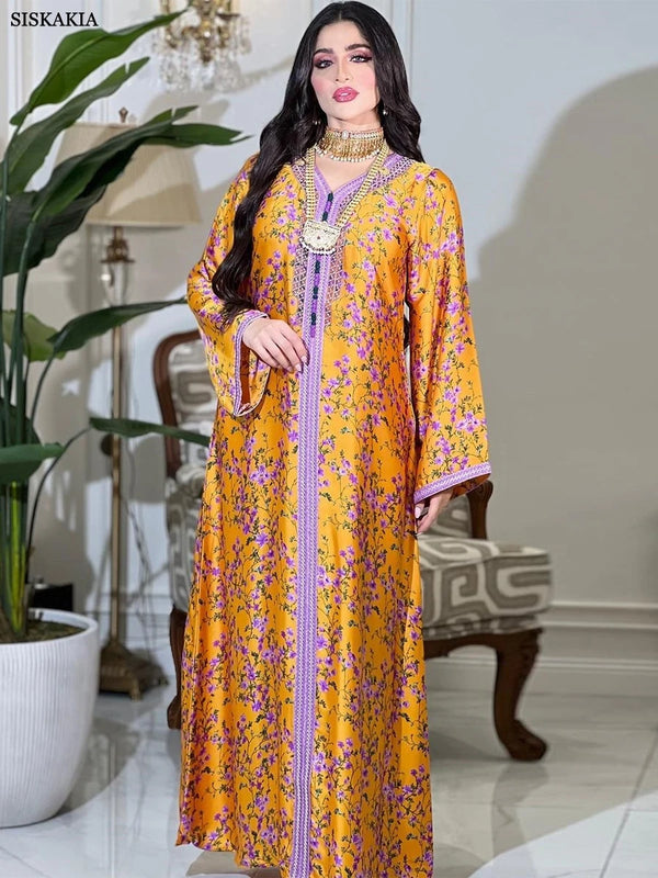 Kaftan Dubai Luxury Diamonds V-Neck Lace Tape Maxi Dress Chic Elegant Floral Print Muslim Turkish Party Evening Robe Clothing