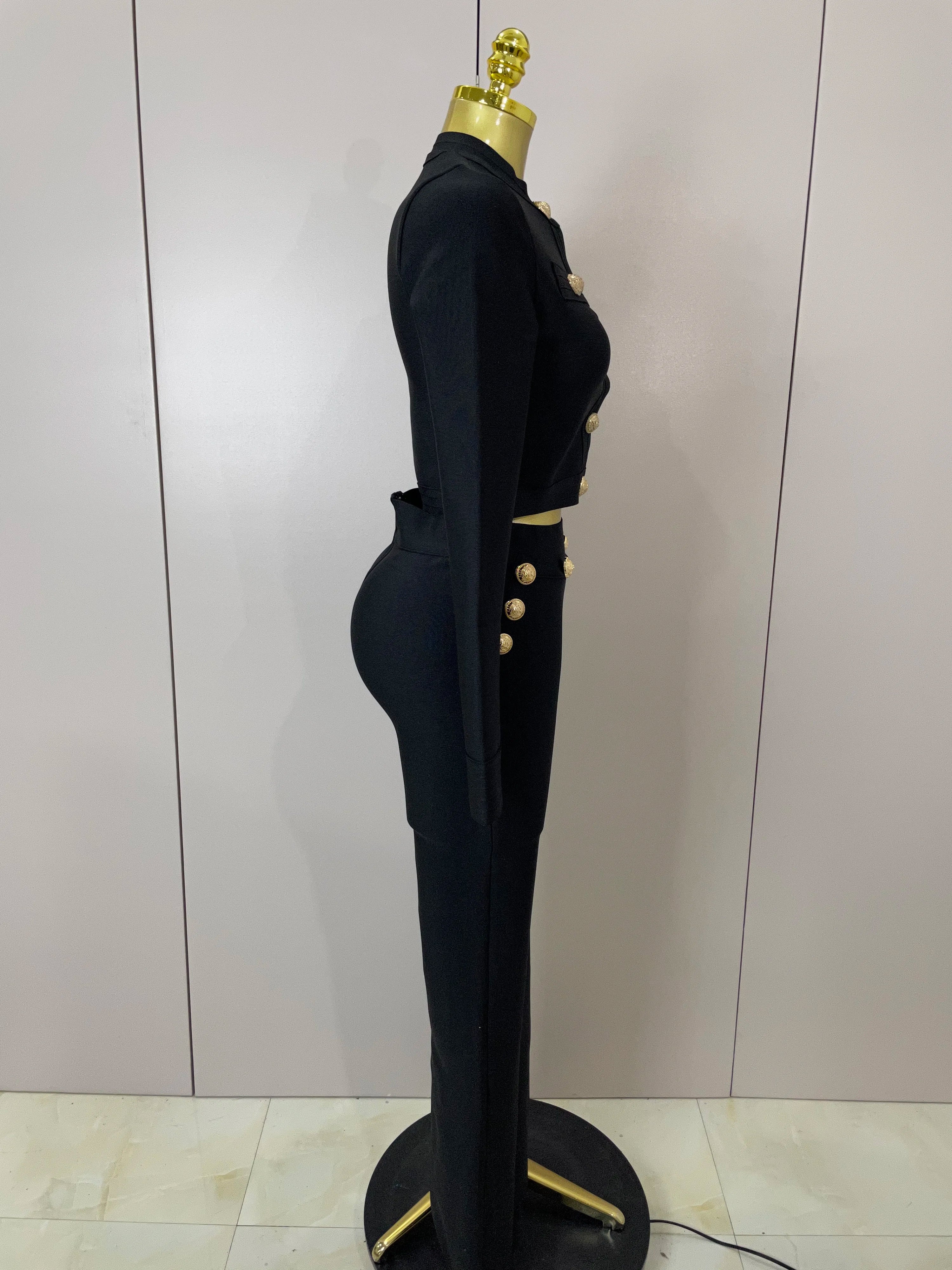 2025 New High Quality Golden Buttons Short Coat Top And Flare Pants  Bandage 2 Pieces Set Woman Celebrity Evening Party Vestidos