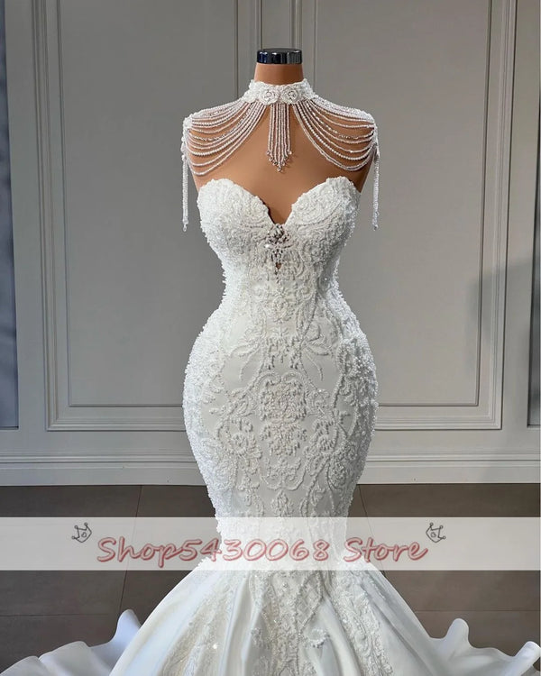 Princess Tassels Sheer Neck Bridal Gowns High Mermaid Wedding Dress Custom Made Sleeveless Lace Appliques Vestido de novia