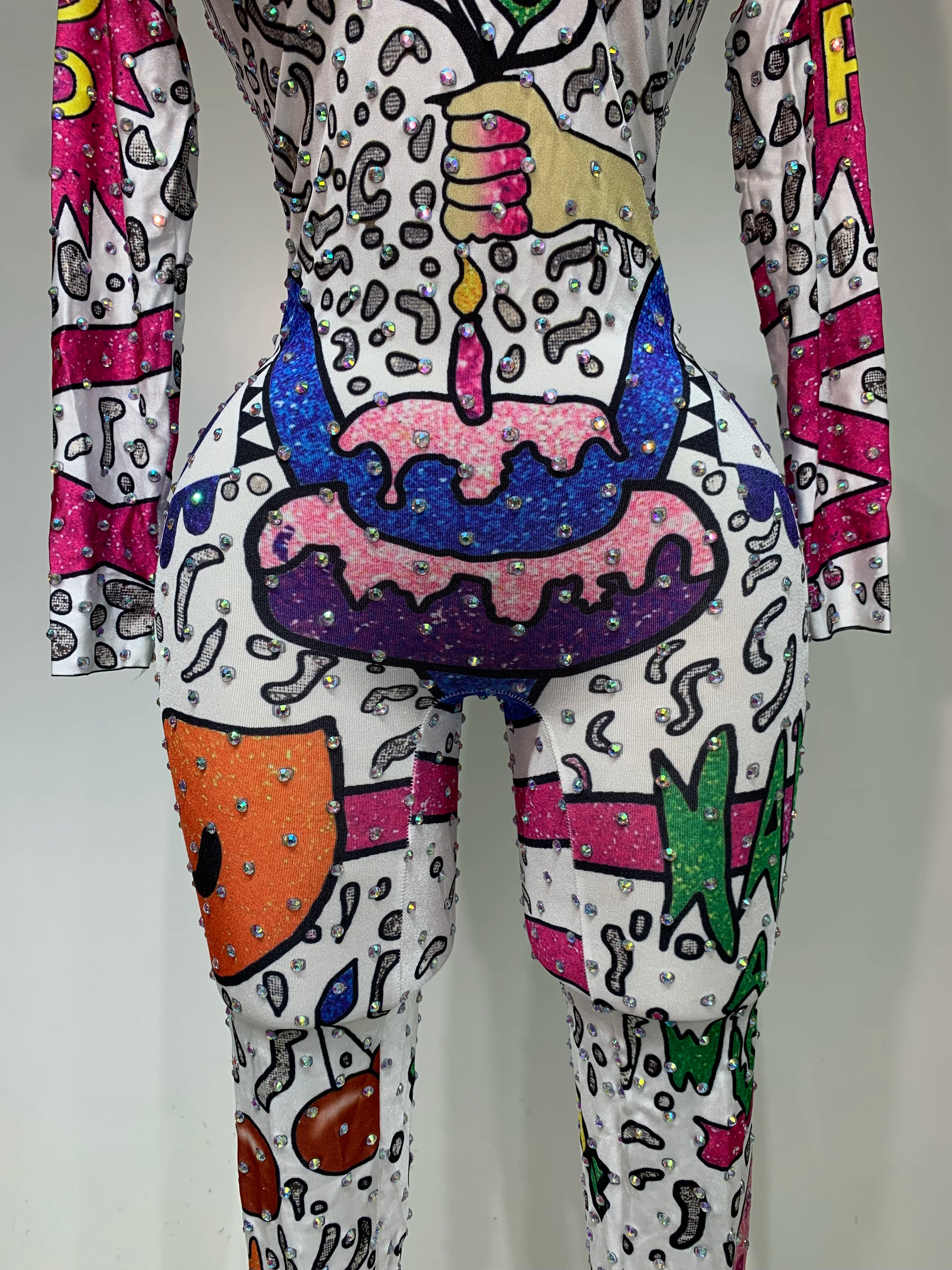 Sparkly Colorful Balloon Cartoon Stretch Sexy Dance Stage Jumpsuit Birthday Party Shiny Rhinestone Performance Club Stage Outfit