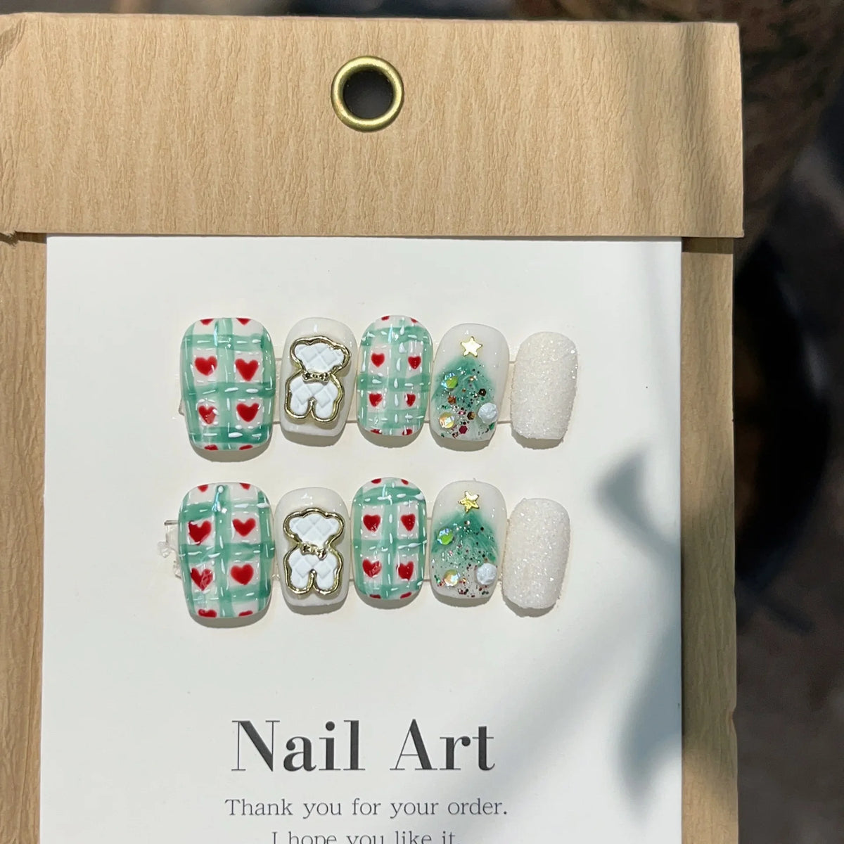 10Pcs Short Squoval Christmas Bow Handmade Press on Fake Nails Cute Gel Nail with Glue Snowflake French False Nail Manicure Tips