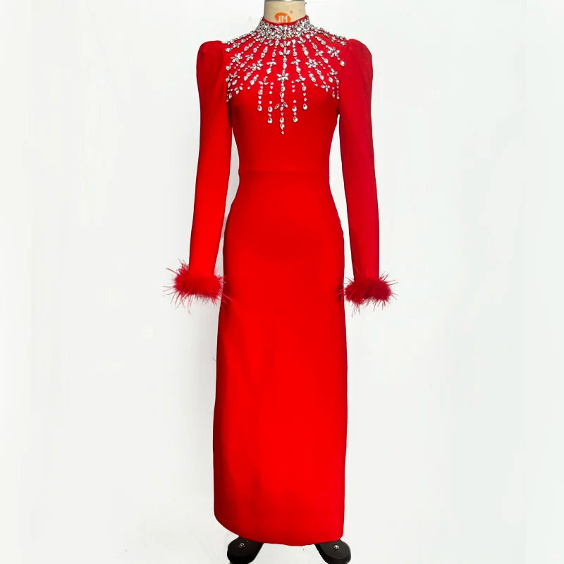 Black Red Color Women Long Sleeve Sexy Shinning Crystal Bodycon Bandage Long Dress Celebrate Evening Party Prom Dress