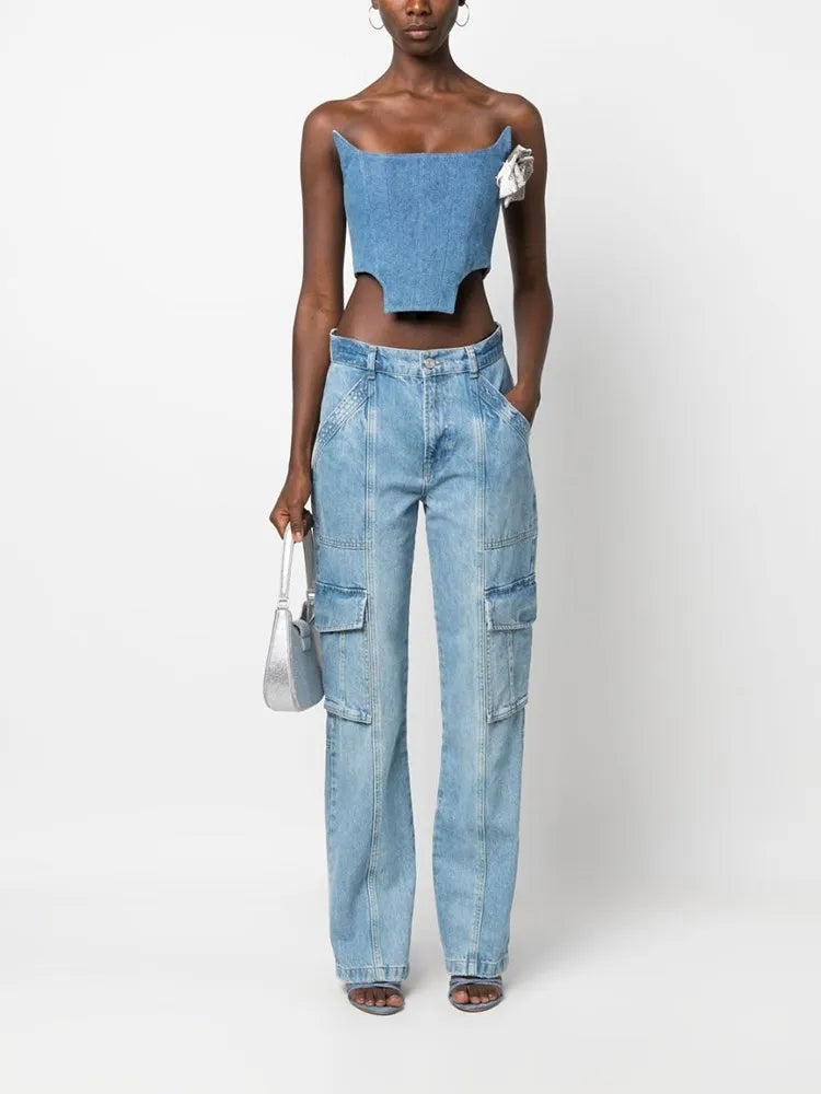 TWOTWINSTYLE Denim Irregular Vests For Women Slash Neck Sleeveless Patchwork Appliques Slimming Vintage Vest Female Fashion 2023