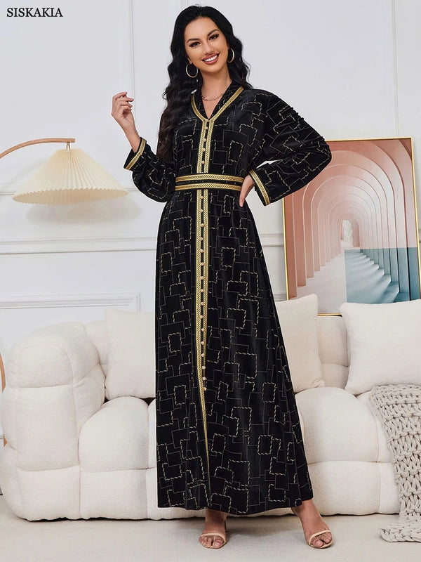 Autumn Winter Velvet Black Long Dress Gold Stamping Long Sleeve V Collar Belted Abaya Jalabiyat Moroccan Dubai Kaftan
