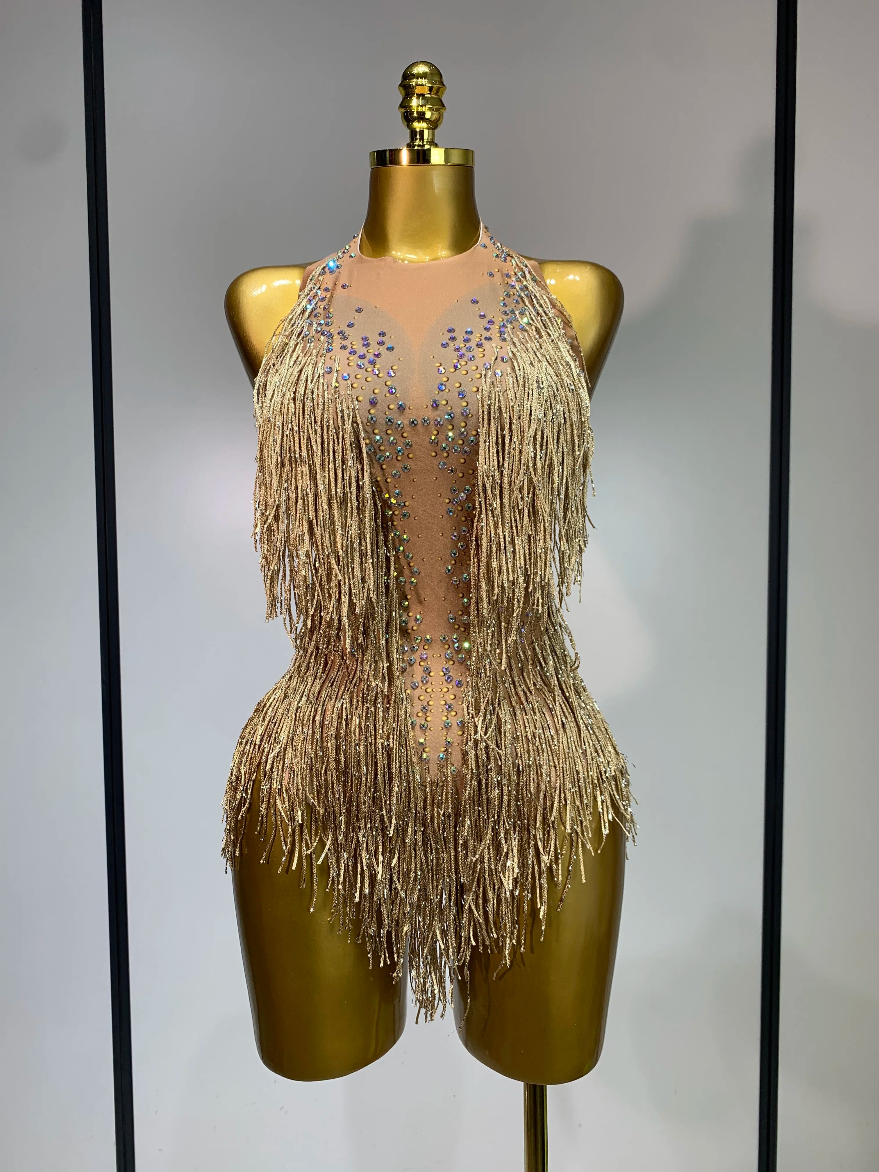 Sparkly Rhinestones Fringes Leotard Women Nightclub Evening Party Outfit Dance Costume Stage Outfit Sexy Performance Bodysuit