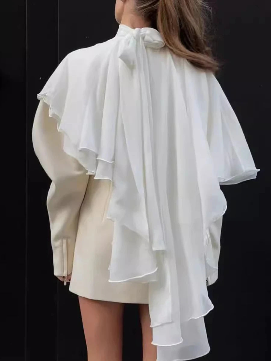 TWOTWINSTYLE Solid Loose Spliced Lace Up Elegant Blouses for Women High Neck Sleeveless Irregular Blouse Female Fashion Clothing