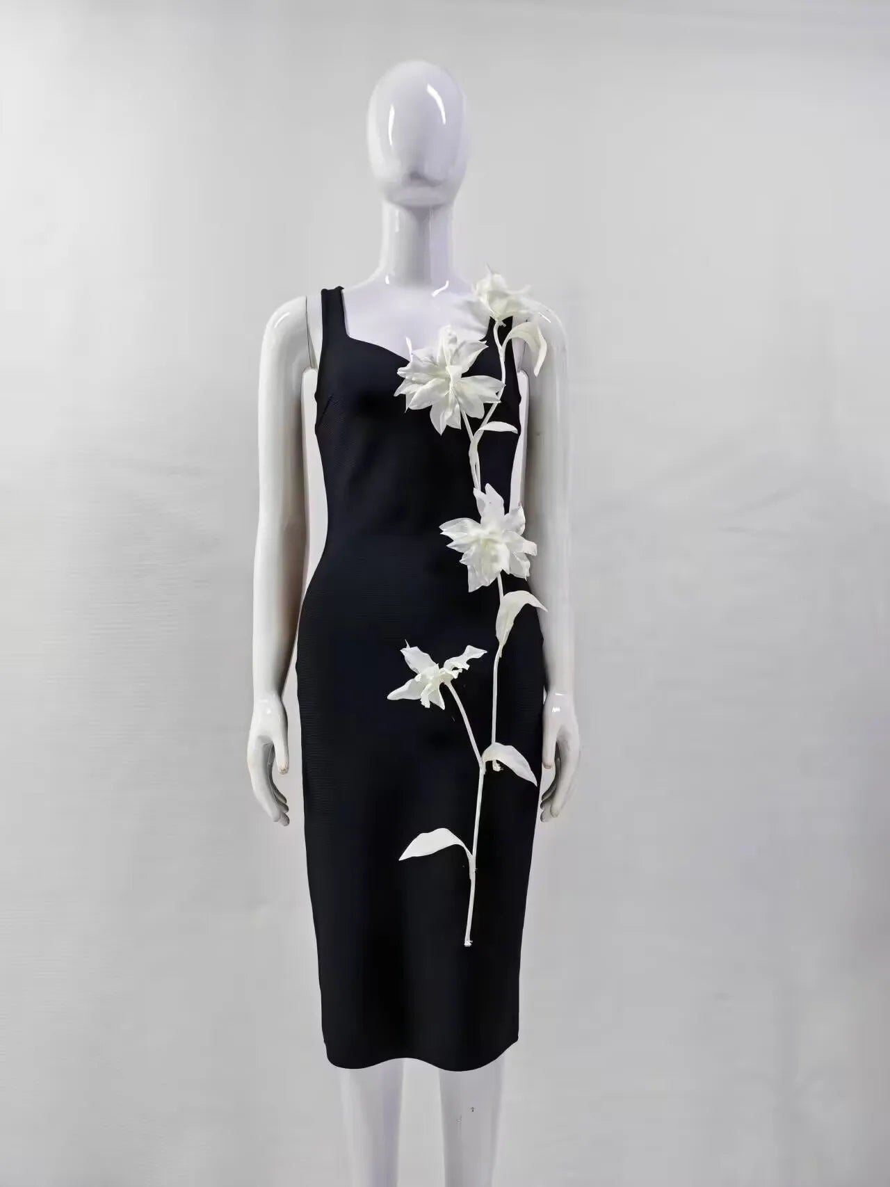 High Quality Women Sleeveless Sexy O-Neck Flowers Bodycon Mid-calf Bandage Dress Birthday Party Celebrate Cocktail Dress