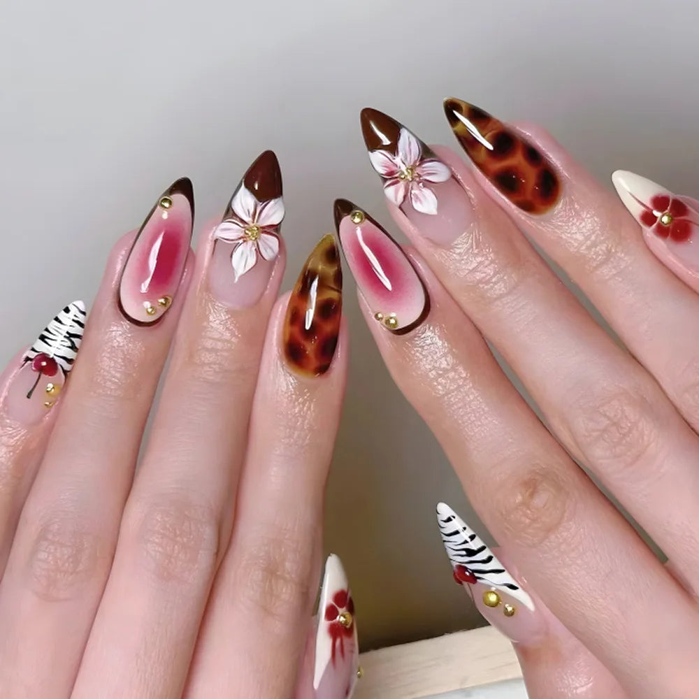 24Pcs Simple Press on Nails Full Cover Little Broken Diamonds Leopard French False Nails Stickers Blush Flowers Almond Manicure