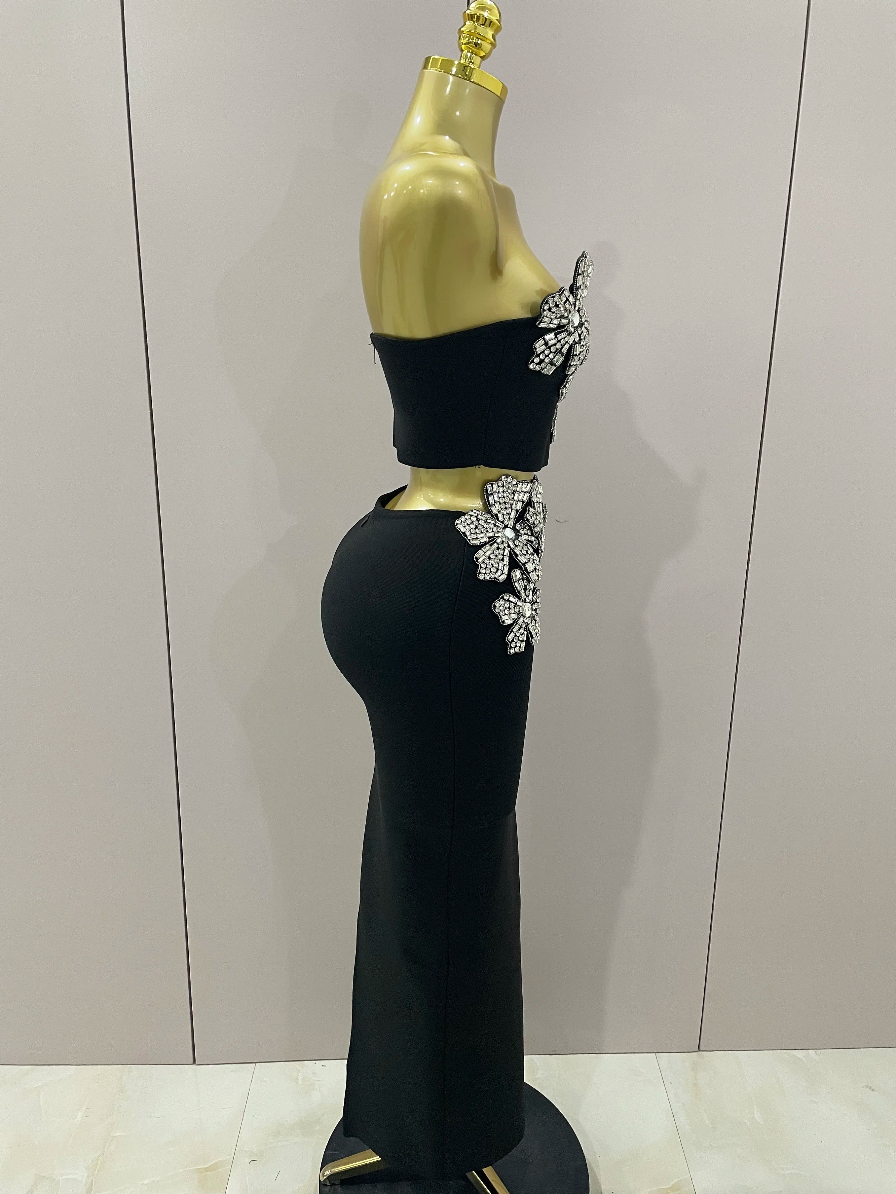 Sexy Strapless Flower Diamonds Black Maxi Long Bandage Two Piece Set 2025 Women Knitted Elegant Evening Club Party Prom Gowns