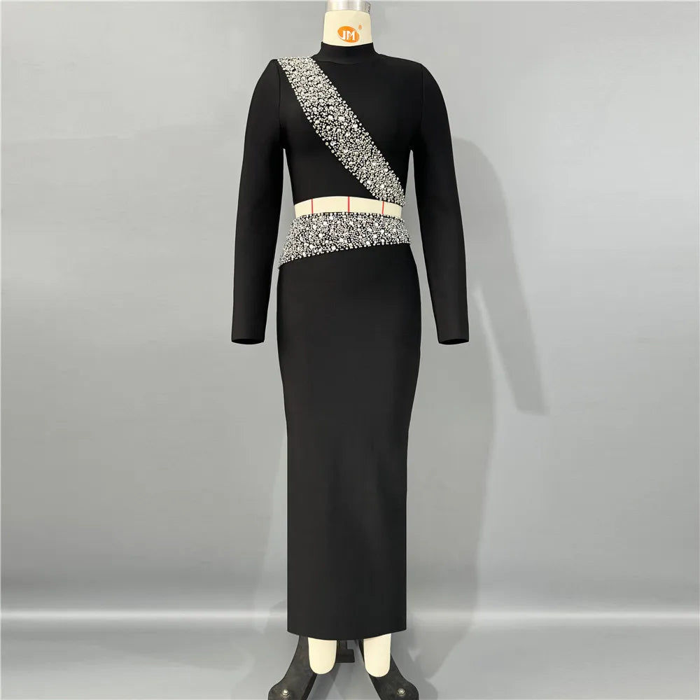 2025 New Black Red Women Long Sleeve Shinning Diamond 2 Pieces Bodycon Bandage Long Dress Elegant Normal Evening Party Outfit