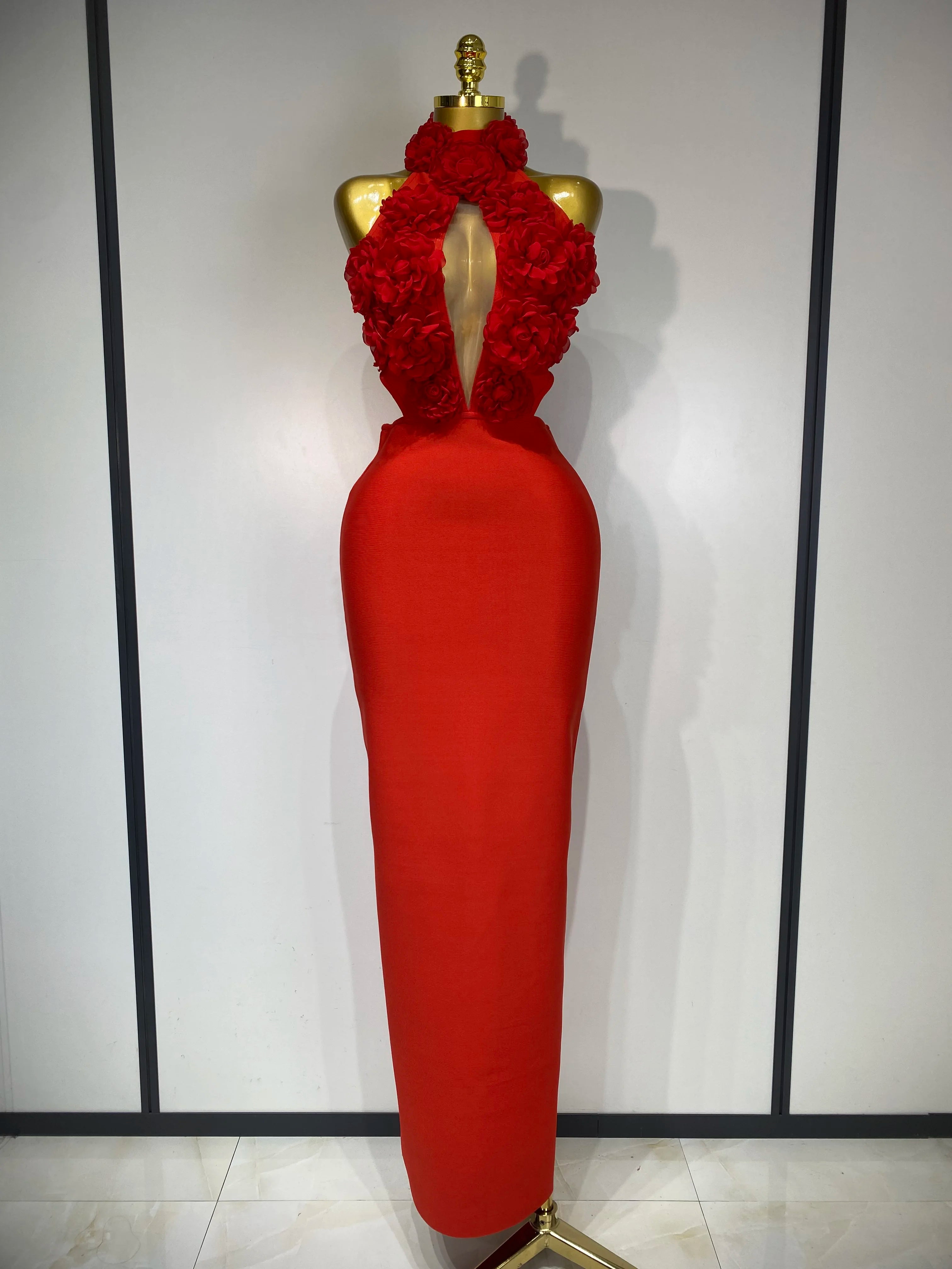 Women Sexy Halter Hollow Out Flowers Bodycon Bandage Dress Red Backless Celebirty Elegant Party Luxury Birthday Wedding Dresses