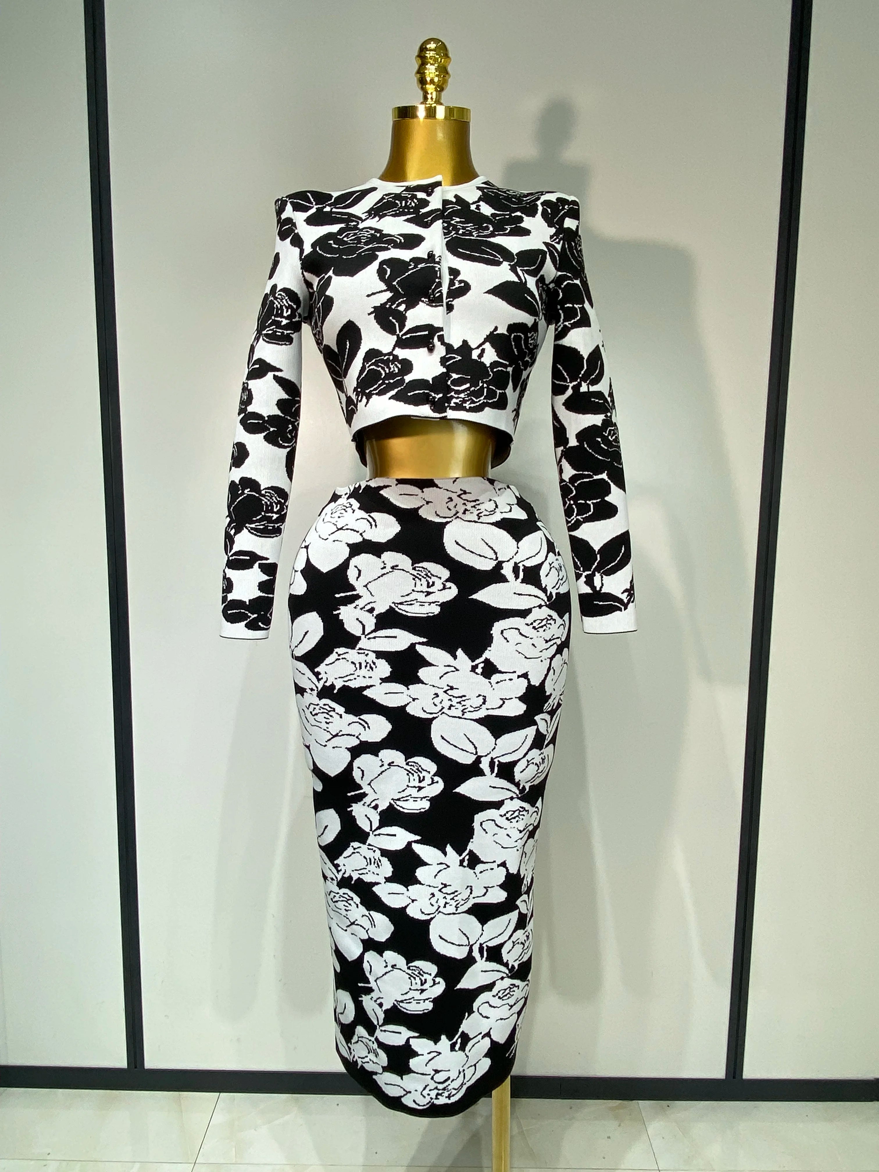 2025 New Arrival Women Long Sleeve Jacquard Weave Two Pieces Set Celebrity Red Carpet Dress Birthday Bodycon Bandage Women's Set